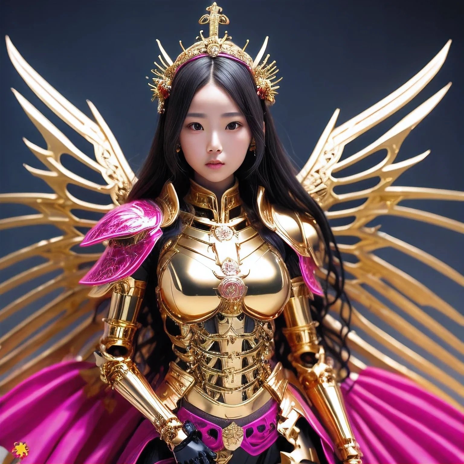 araffe skeleton in a lightpink and gold costume with wings, saint skeleton queen, lightpink demon armor, lady in lightpink armor, wearing a skeleton armor, holy cyborg necromancer girl, hone onna skeleton geisha, ( highly detailed figure ), goddess of death, masami kurumada, the other a skeletal figure, skeletal, scary queen of death，((（one female）))