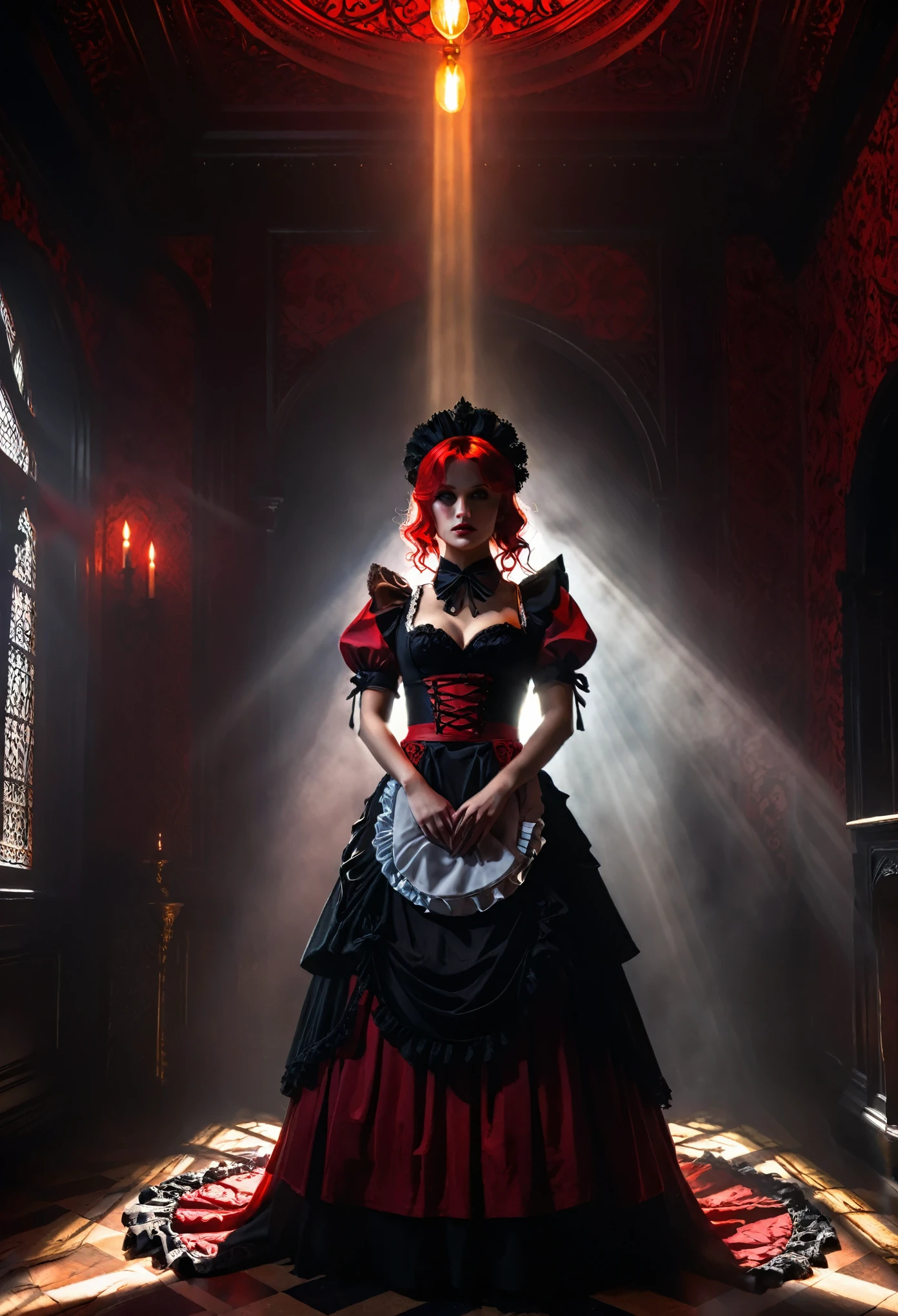 a black and red maid outfit, a hell lady,  intricate and ornate dress, dramatic lighting, dark fantasy, gothic, chiaroscuro, moody atmosphere, cinematic composition, dramatic color palette, rich textures, highly detailed, 8k, photorealistic, fullbody：2