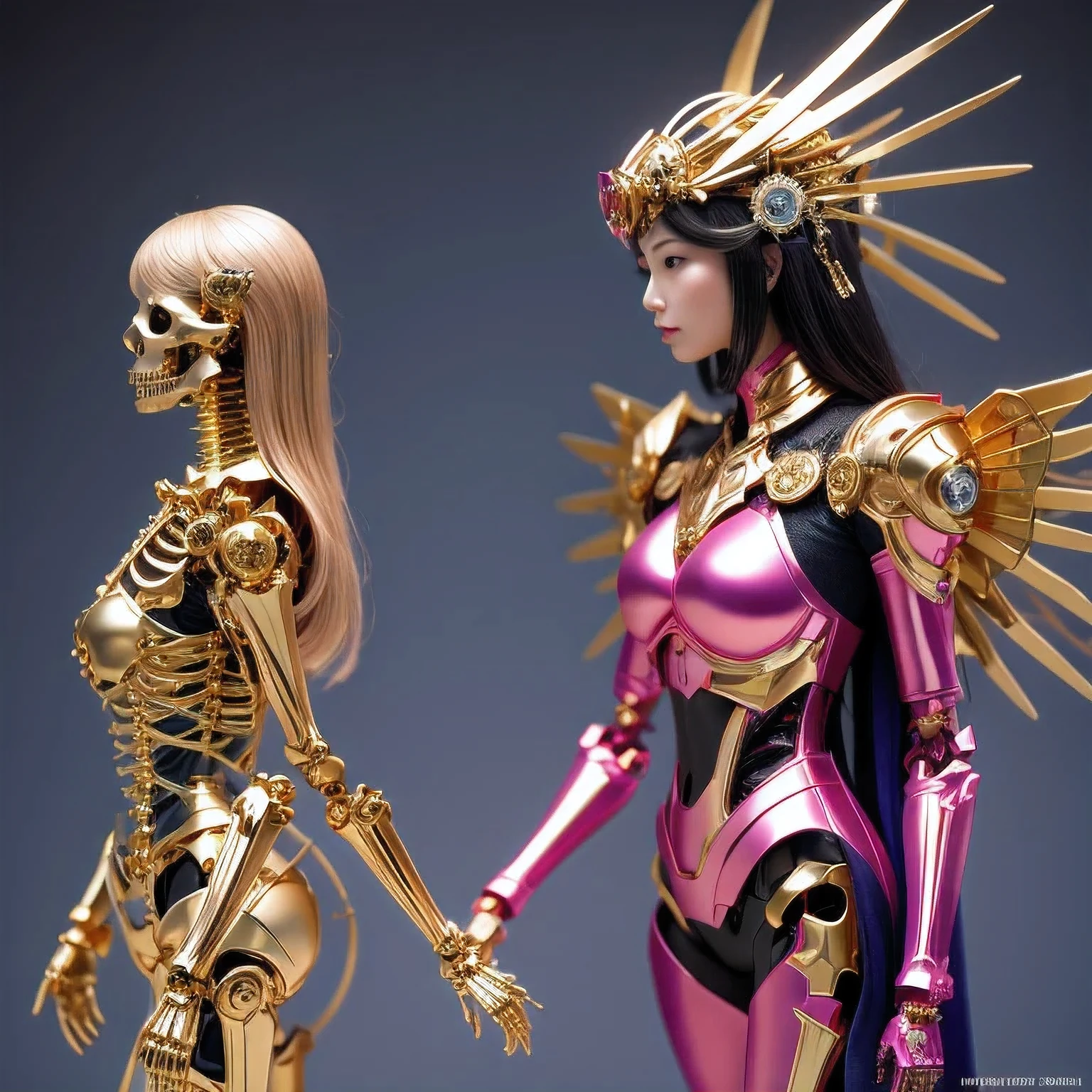 araffe skeleton in a lightpink and gold costume with wings, saint skeleton queen, lightpink demon armor, lady in lightpink armor, wearing a skeleton armor, holy cyborg necromancer girl, hone onna skeleton geisha, ( highly detailed figure ), goddess of death, masami kurumada, the other a skeletal figure, skeletal, scary queen of death，((（one female）))