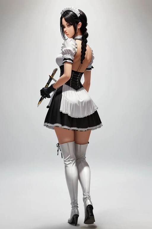 best quality, 8k, high resolution, ultra-detailed, extremely detailed, top quality, realistic, high resolution, cowboy shot, front view, assassin, looking at viewer, looking away,
1woman, maturefemale: 1.5, (long, black hair), braided, beautiful face, detailed eyes hidden behind a mask,
beautiful body, toned, sleek arms, long legs in thigh-high boots,
grasp, assassin holding a dagger, hidden in a maid outfit,
maid outfit, black and white, frilled sleeves, long skirt, high boots,
loose hair, curled, a single braid,
bodice, tight-fitting,