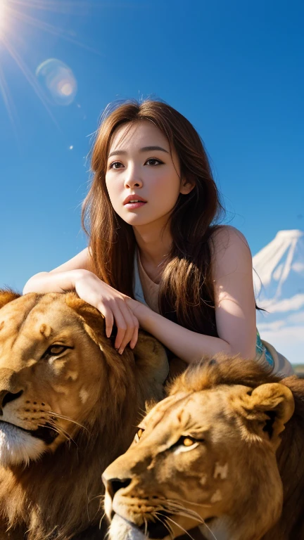 (Raw photo:1.2)、Dazzling sunlight,（highest quality:1.5）,（Precision:1.5）,(High resolution:1.5),（8k),(Japanese:1.7),(A beautiful girl gazing at lions:1.5),Animals gather around one girl:1.5)