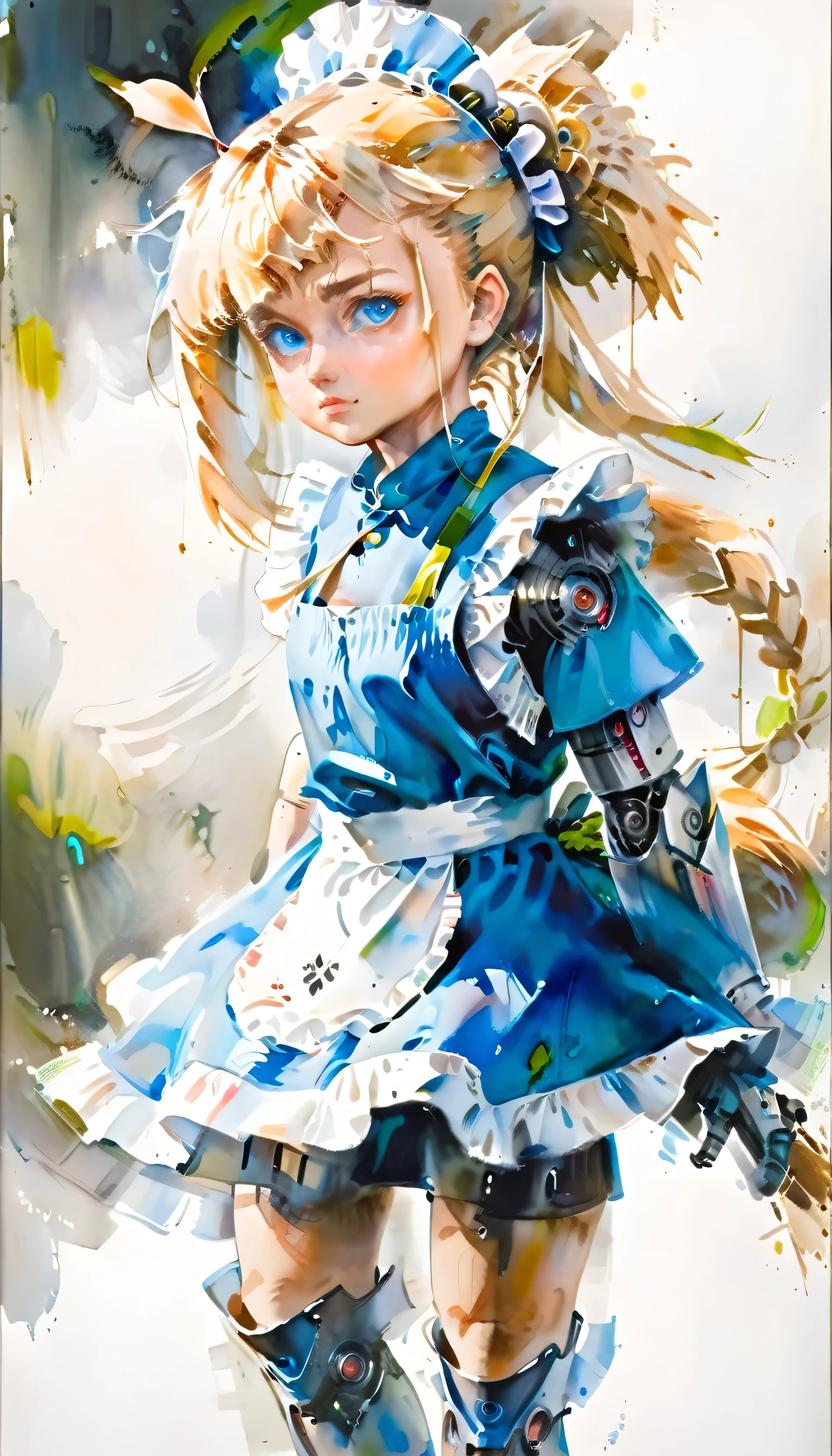 arafed, a watercolor picture of a mecha girl wearing a (maid's outfit: 1.4), traditional watercolor painting, blond hair, pony tail haircut, blue eyes, the outfit is mecha parts, high details, best quality, 16k, [ultra detailed], masterpiece, best quality, (ultra detailed), full body, ultra wide shot, photorealism, RAW,