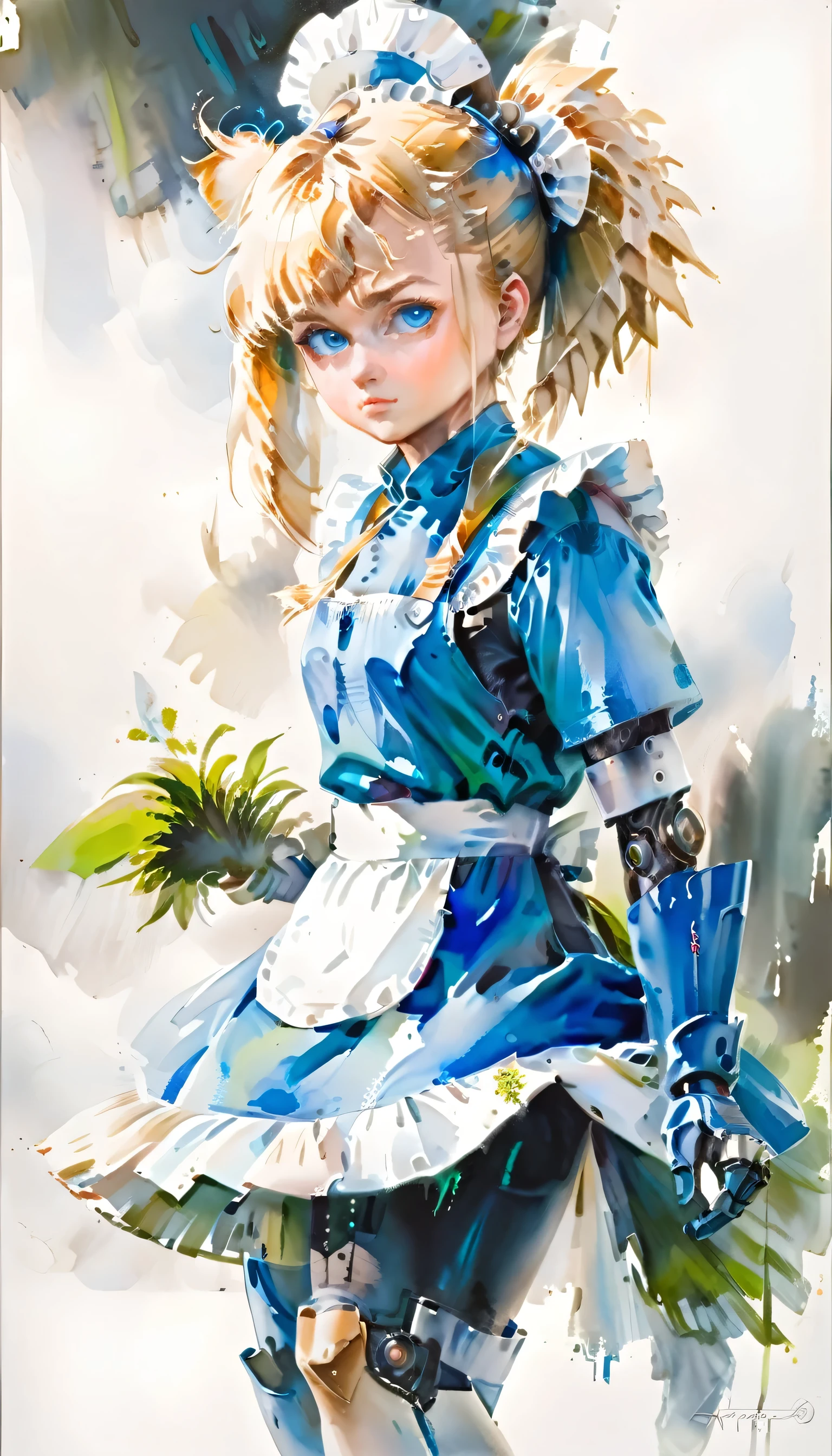 arafed, a watercolor picture of a mecha girl wearing a (maid's outfit: 1.4), traditional watercolor painting, blond hair, pony tail haircut, blue eyes, the outfit is mecha parts, high details, best quality, 16k, [ultra detailed], masterpiece, best quality, (ultra detailed), full body, ultra wide shot, photorealism, RAW,