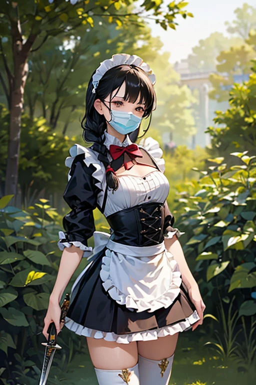 best quality, 8k, high resolution, ultra-detailed, extremely detailed, top quality, realistic, high resolution, cowboy shot, front view, assassin, looking at viewer, looking away,
1woman, maturefemale: 1.5, (long, black hair), braided, beautiful face, detailed eyes hidden behind a mask,
beautiful body, toned, sleek arms, long legs in thigh-high boots,
grasp, assassin holding a dagger, hidden in a maid outfit,
maid outfit, black and white, frilled sleeves, long skirt, high boots,
loose hair, curled, a single braid,
bodice, tight-fitting, 