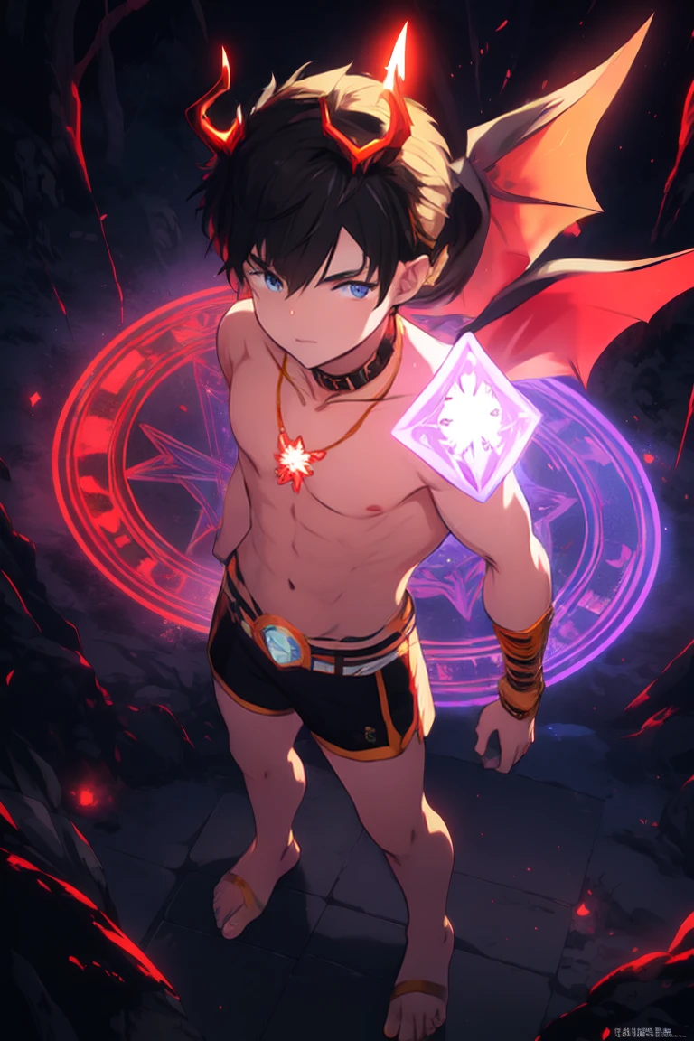 (((Masterpiece))), (((Best Picture Quality))), High Quality, (((Rich and Vivid Colors))), ((Abundant Details)), (Ultra-High Resolution), 8K Resolution, Exquisite Imagery, (((Strong Perspective, Intense Visual Impact))).
Anime Style, Manga Style, Illustrations, Original Art, CG. Depth of Field, Eye Level, (Full Body Shot, Full Body Standing Illustration), (Pure White Background).
(((Solo))), (Handsome Guy, Cool and Dashing, Beautiful Young Man, Boy), Warrior and Swordsman Classes, ((Male Protagonist Attire, Male Lead)), Pale and Delicate Skin, (Protagonist's Face), Hedgehog Hairstyle, Devil Horns, (Blue Short Hair), (Purple Tips), Lively and Spirited (Bangs), Under Thick Eyebrows (Refined Facial Features, Perfect Face), Watery, Bright and Expressive ((Golden Glowing Eyes)), a Pair of Elf Ears, Half (Devil Wings) Growing from Behind, and (Devil Tail). He Maintains a Combat Stance, (Battle-Weary) He, with Particularly Noticeable (Wounds) on His Body, (Gloves and Bracers) in Tatters, Excited Expression, Tense Demeanor, Face and Body Covered with (Beads of Sweat), Mouth Slightly Open Revealing (Fangs), (Barefoot), Holding a Sharp Sword, Charging Forward, (Red Crystal Pendant) Around His Neck, and the Blouse Fluttering in the Wind Revealing (Lean Physique), Sexy and Firm (Abs), (Navel).
Surrounded by Luminous Blue (Lightning and Gases), Floating Nearby are Condensed (Crystals), and (Flames), Above His Head Appears a Huge Purple-Red Magical (((Magic Circle))).