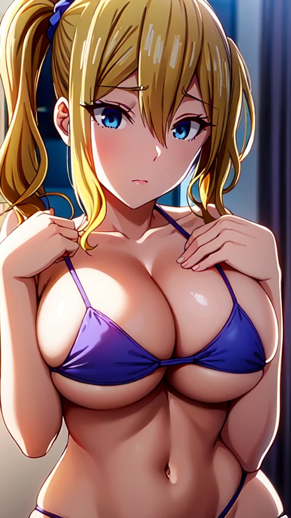 ai hayasaka, bangs, blue eyes, blonde hair, hair ornament, hair between eyes, sidelocks, side ponytail, scrunchie, hair scrunchie, blue scrunchie, (masterpiece:1.2, Best Quality:1.1), 32K HDR, High resolution, Solo, 1girl in, (Colossal tits:1.1, Huge boobs:1.1, Huge breasts:1.1, gigantic cleavage:1.1, Perfect slim body:1.2), squat down, (Detailed face, Detailed eyes, Detailed skin texture, Perfectly shaped hands, 5FINGERS), sexy bikini, (((areolae))), 