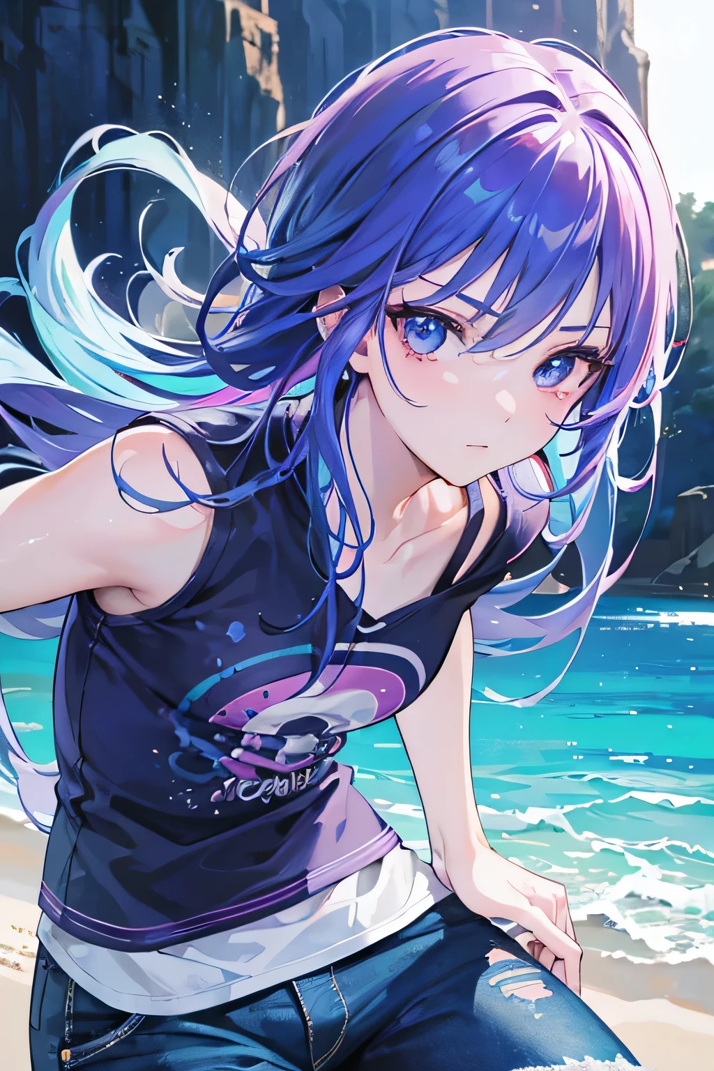 beautiful anime girl, aqua blue and purple hair, magically colored magenta eyes, shark theme shirt, jeans, (best quality,4k,8k,highres,masterpiece:1.2),ultra-detailed,(realistic,photorealistic,photo-realistic:1.37),highly detailed face, intricate details, shiny skin, expressive look, dynamic pose, detailed clothing folds, soft lighting, vibrant colors, whimsical, fantasy, cute, magical realism