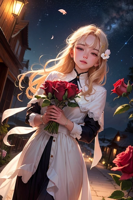 A blooming rosebud flies and shines in the night among the stars and Fragment flower Which are scattered around him