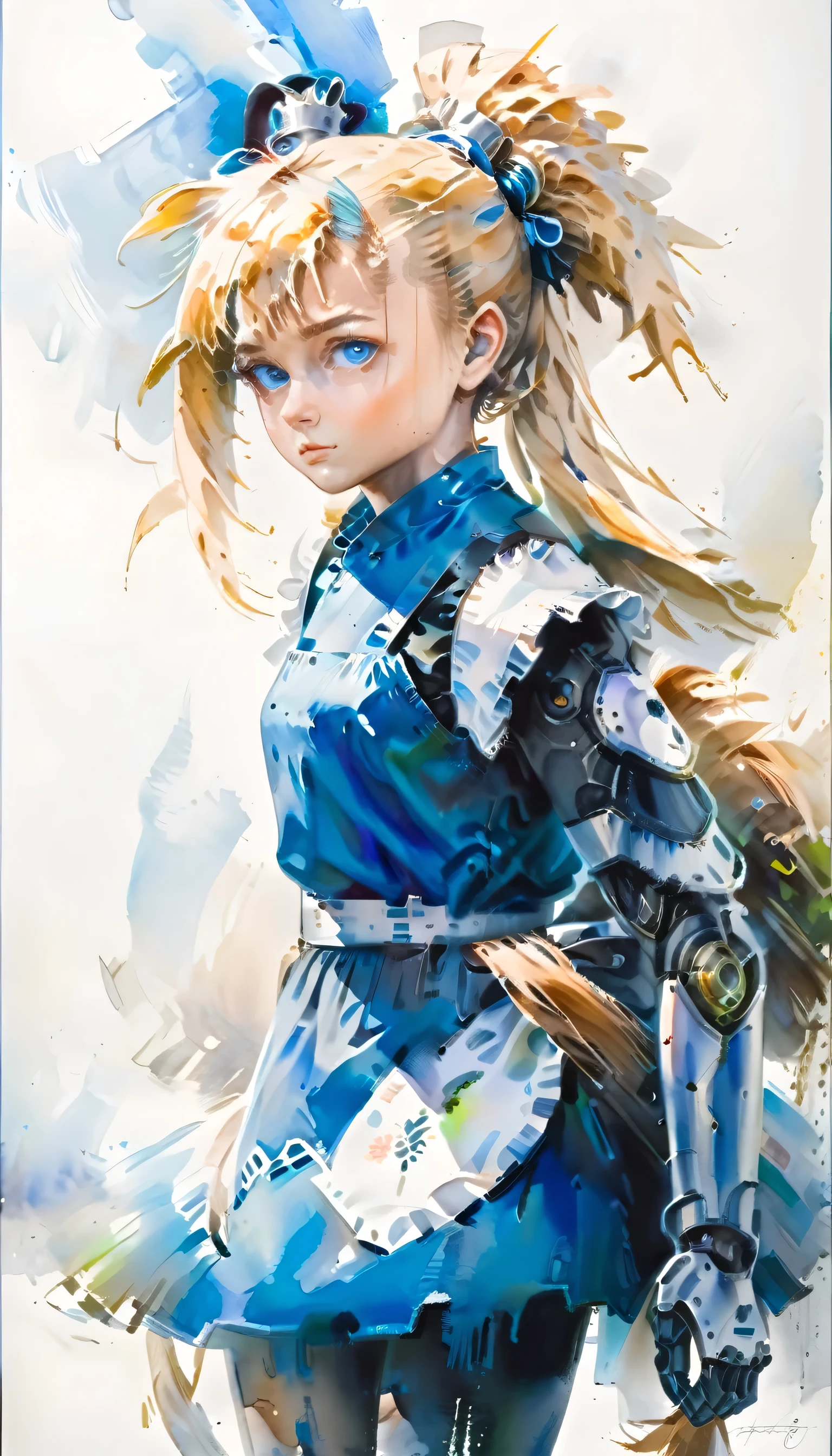 arafed, a watercolor picture of a mecha girl wearing a maid's outfit, traditional watercolor painting, blond hair, pony tail haircut, blue eyes, the outfit is mecha parts, high details, best quality, 16k, [ultra detailed], masterpiece, best quality, (ultra detailed), full body, ultra wide shot, photorealism, RAW,