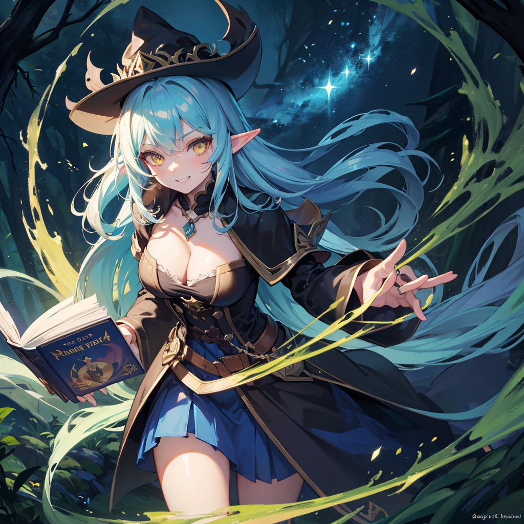 A sexy girl half elf wizard, Full dark wizard robe, wizard hat, yellow eyes, bright blue hair colour, book in hand, dark forest background,8k, masterpiece, best quality, highly detailed, one girl, half-elf, solo, long straight hair, wearing necklace, gorgeous, friendly, smile,sexy, close ups view, rings, looking at viewer, alone,