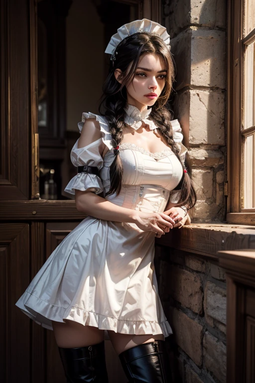 best quality, 8k, high resolution, ultra-detailed, extremely detailed, top quality, realistic, high resolution, cowboy shot, front view, assassin, looking at viewer, looking away, 1woman, maturefemale: 1.5, (long, black hair), braided, beautiful face, detailed eyes hidden behind a mask, beautiful body, toned, sleek arms, long legs in thigh-high boots, grasp, assassin holding a dagger, hidden in a maid outfit,
maid outfit, black and white, frilled sleeves, long skirt, high boots, loose hair, curled, a single braid, bodice, tight-fitting,