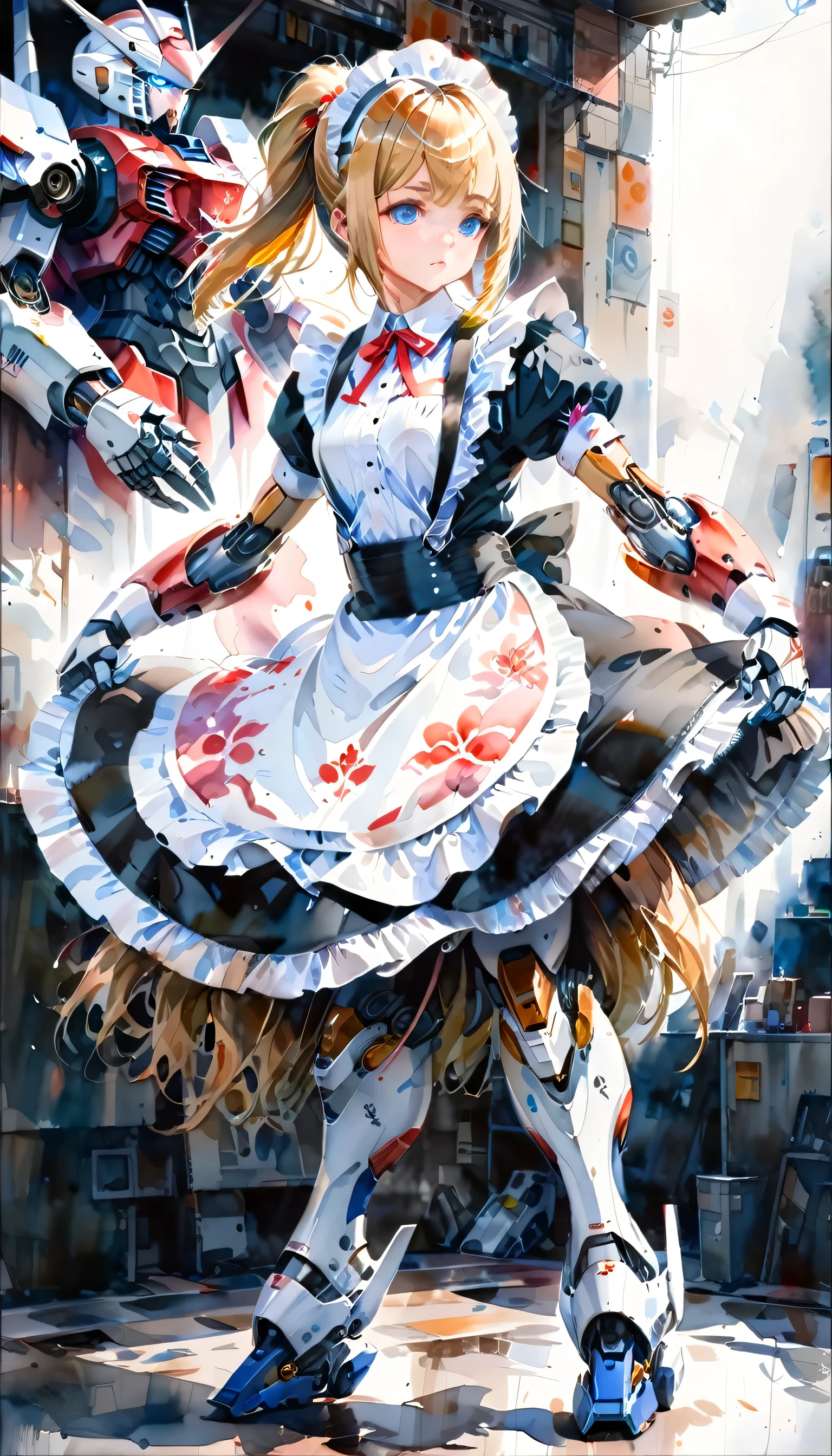 arafed, a watercolor picture of a mecha girl wearing a (maid's outfit: 1.4), traditional watercolor painting, blond hair, pony tail haircut, blue eyes, the outfit is mecha parts, high details, best quality, 16k, [ultra detailed], masterpiece, best quality, (ultra detailed), full body, ultra wide shot, photorealism, RAW,