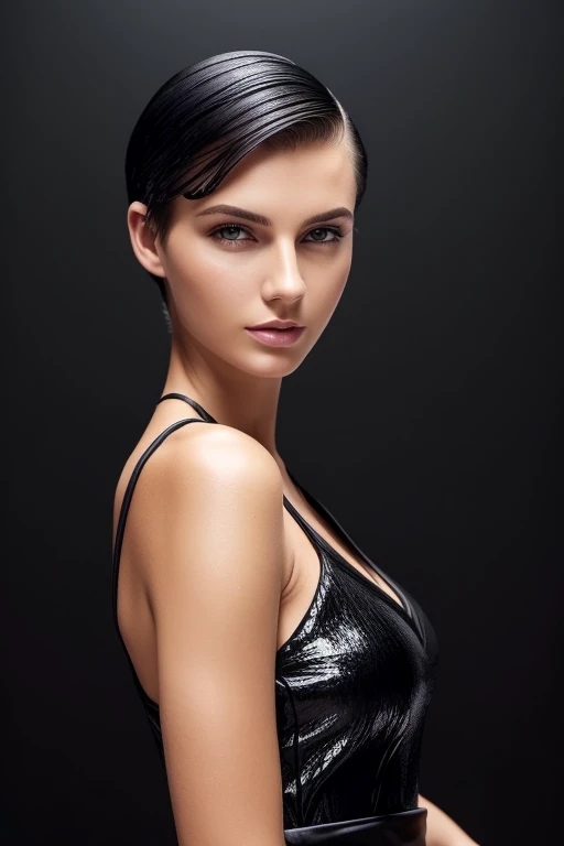 Gorgeous european woman with very short straight hair, short hair, wet hair, hair slicked back, combed straight back, slick hair, black to blonde gradient mixed hair, wearing a long summer dress, solid dark black background