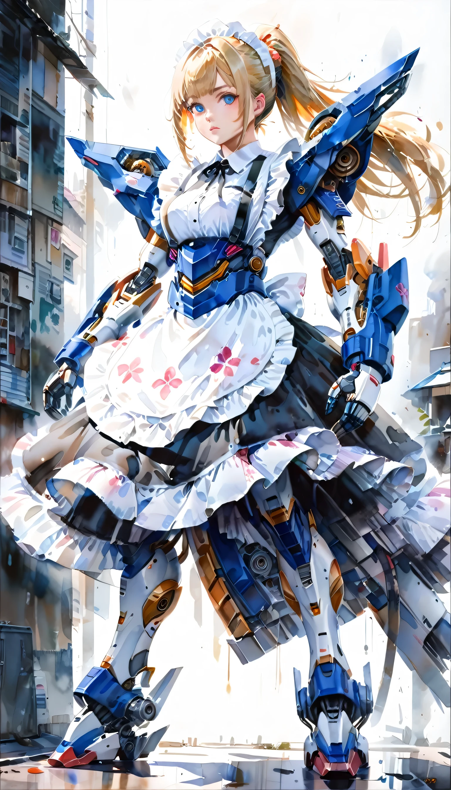 arafed, a watercolor picture of a mecha girl wearing a (maid's outfit: 1.4), traditional watercolor painting, blond hair, pony tail haircut, blue eyes, the outfit is mecha parts, high details, best quality, 16k, [ultra detailed], masterpiece, best quality, (ultra detailed), full body, ultra wide shot, photorealism, RAW,