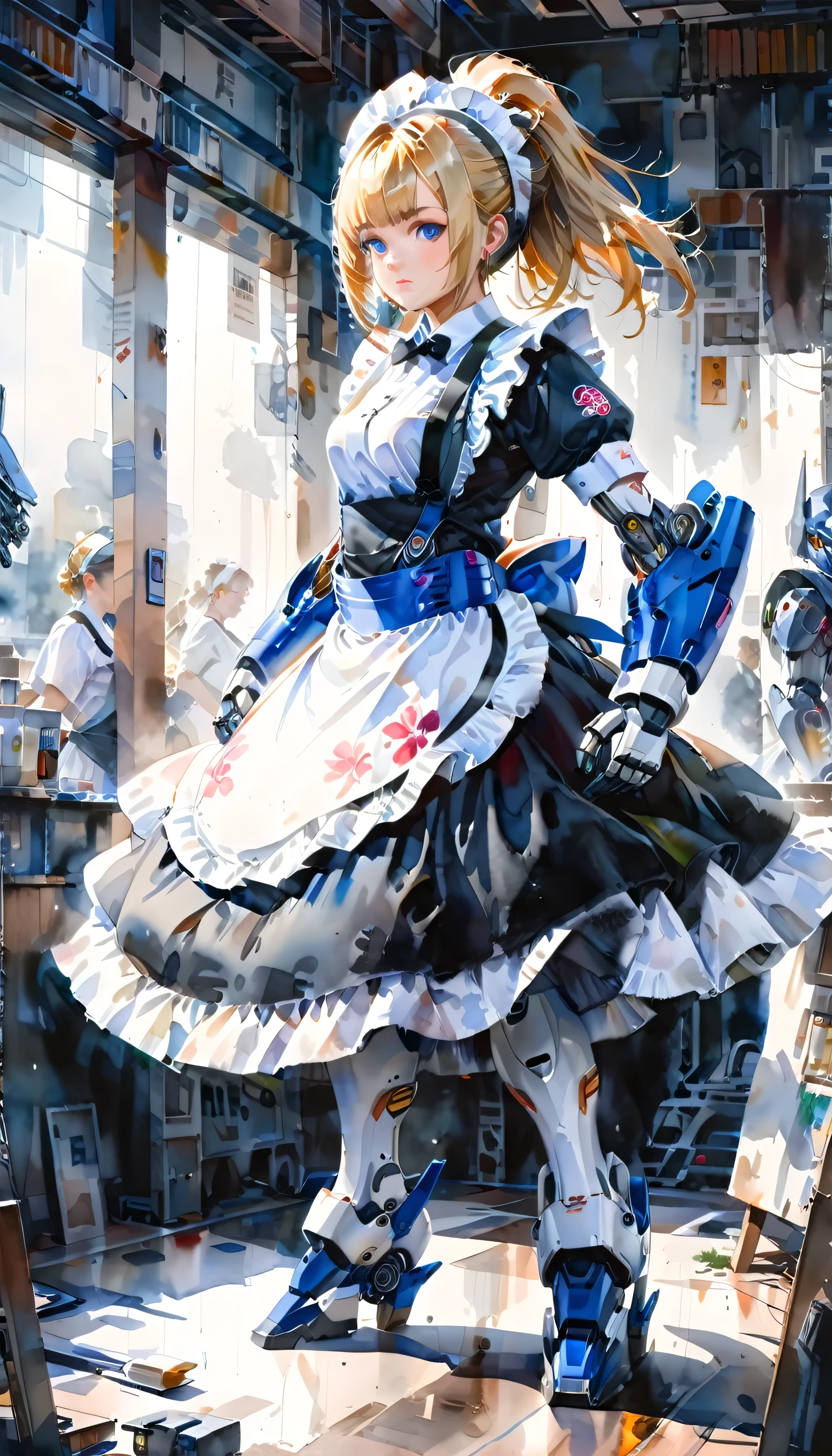 arafed, a watercolor picture of a mecha girl wearing a (maid's outfit: 1.4), traditional watercolor painting, blond hair, pony tail haircut, blue eyes, the outfit is mecha parts, high details, best quality, 16k, [ultra detailed], masterpiece, best quality, (ultra detailed), full body, ultra wide shot, photorealism, RAW,