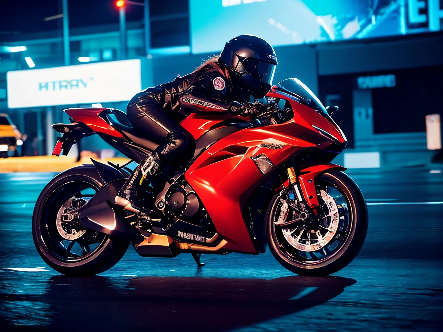 A stunningly beautiful and sexy woman piloting a high-performance concept design racing motorcycle in a realistic Cyberpunk style, Every intricate detail has been carefully crafted. This is a cyberpunk style picture, The background should be A skyscraper and A future metropolis with bustling streets, Illuminated by the neon lights of cyberpunk technology, The image should start with Extremely realistic and Meticulous attention to detail, The gritty and photorealistic aesthetic of cyberpunk-themed media, Medium shot, captured with a Medium telephoto lens, Will provide a Dynamic action and realism. lighting should be Intense and neon colors,  The smooth lines of the motorcycle and the charming temperament of the rider, The level of detail required is Beautifully sophisticated, Visually stunning with a HD solve, Realistic textures of the woman's clothing and intricate designs of the racing motorcycle, The goal is to create a  Visually stunning, Emotionally moving 