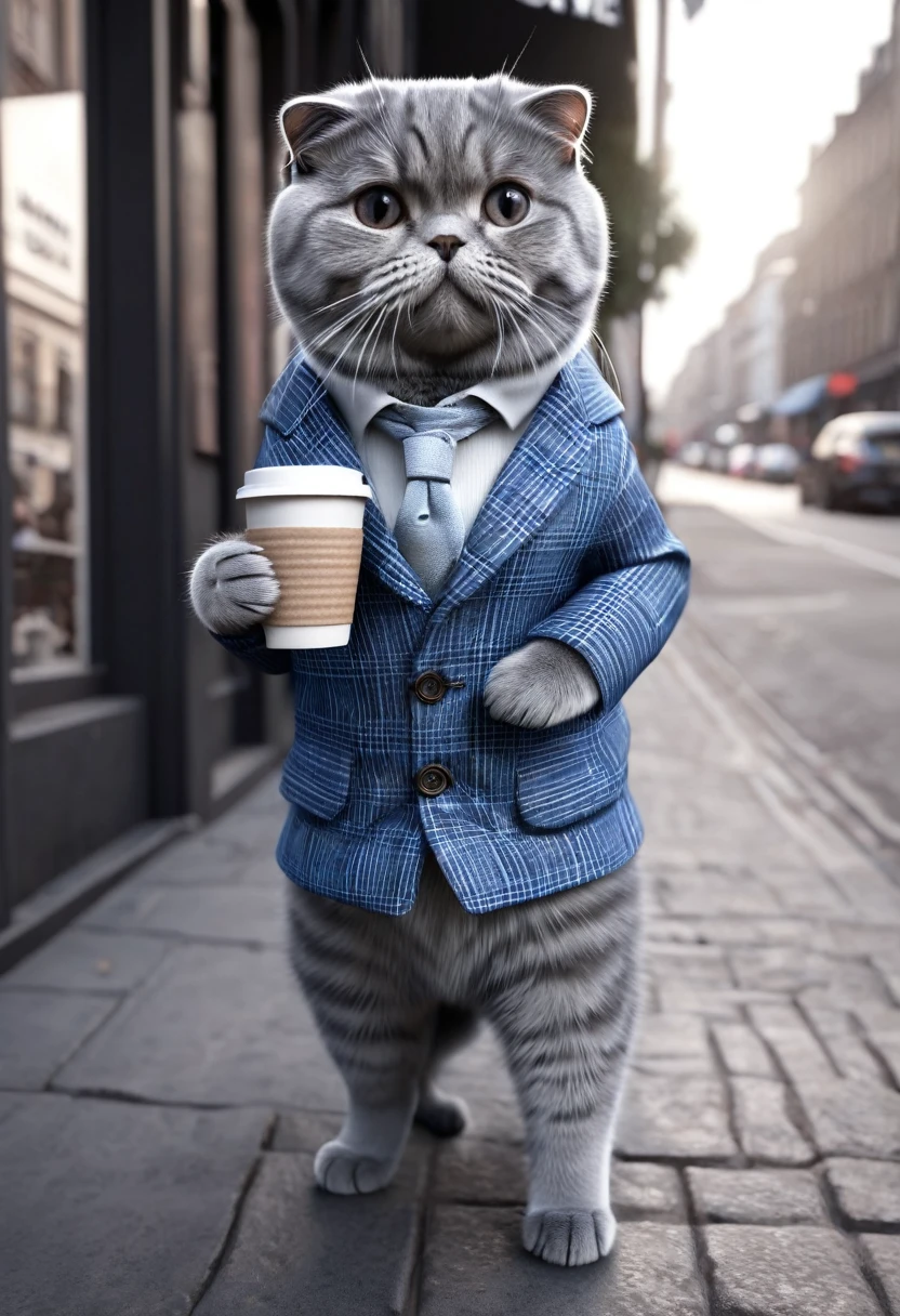 8K, masterpiece, Raw photo, Best Quality, Photorealistic, Highly detailed CG Unity 8k wallpaper, depth of field, Cinematic Light, Lens Flare, Ray tracing, (Extremely realistic charcoal Scottish Fold cat), (Detailed fur texture), (Human-like posture), (Standing on two legs), (Wearing clothes), (Urban setting), (Cat wearing a realistic stylish outfit:1.2), (Holding one coffee cup), (Sitting at a café table), (Bright daylight), (Realistic lighting), (High detail background), (City street), (Pedestrians in the background), (Subtle bokeh effect), (Full body shot), (Calm expression), (Whiskers), (Tail), (Detailed paws), (Modern casual outfit), (Accessories), (Shirt and pants), (Shoes), (Sitting posture), (Eye contact with viewer), (Realistic fur shading), (Reflective eyes), (Realistic shadows), (Natural pose), (Detailed environment), (High-resolution textures), (PBR materials), (Photorealistic fur), (Realistic skin beneath fur), (Natural body proportions), (Detailed facial features), (Clear eyes), (Detailed claws), (Scottish Fold ears:1.3), (Charcoal fur color:1.2), (Soft folded ears:1.4).