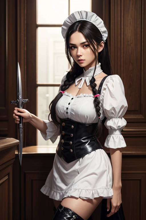 best quality, 8k, high resolution, ultra-detailed, extremely detailed, top quality, realistic, high resolution, cowboy shot, front view, assassin, looking at viewer, looking away, 1woman, maturefemale: 1.5, (long, black hair), braided, beautiful face, detailed eyes hidden behind a mask, beautiful body, toned, sleek arms, long legs in thigh-high boots, grasp, assassin holding a dagger, hidden in a maid outfit,
maid outfit, black and white, frilled sleeves, long skirt, high boots, loose hair, curled, a single braid, bodice, tight-fitting,