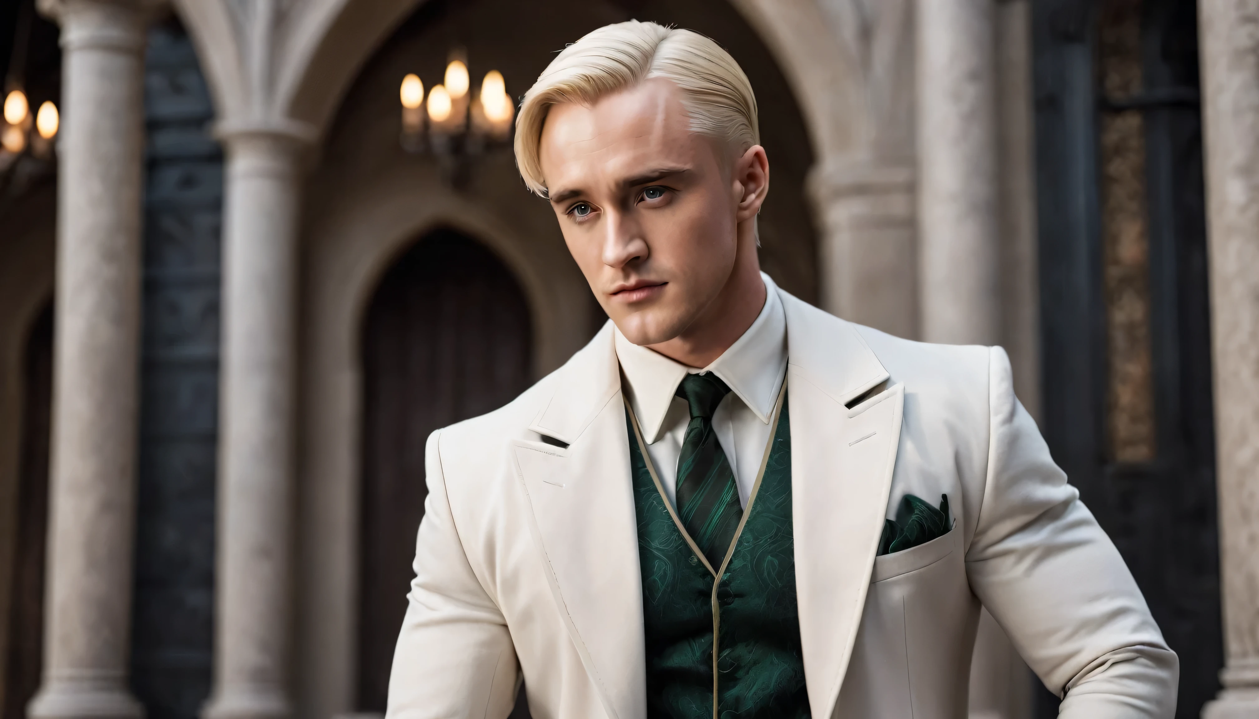 Very Handsome Draco Malfoy with a really big chiseled jawline and very big muscled Muscles is looking straight with sigma look inside his magic academy, Ultra realistic, He is wearing a very fashionable clothes, he is posing for a photoshoot