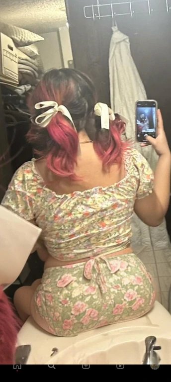 woman with pink hair taking a picture of herself in the mirror, wearing pink hair bow, pigtails, colorful pigtail, wearing underwear, with pink hair, wearing pink panties, back of the hair, roses in her hair, pink hair covered with hairpins, view from the back, curvy and bow, shot from the back, thick bow, insanely inflated hips, beautiful girl, big ass, huge ass, bbw, from behind, thick, thick thighs, wide hips, bbw, big , sideboob, giant ass, side view, big butt, round butt, tight underwear, underwear halfway off, underwear taking off, grabbing ass, ass spilling over underwear, too thick for clothes, side angle, chubby stomach, big , filipina, bare naked fat ass on sink