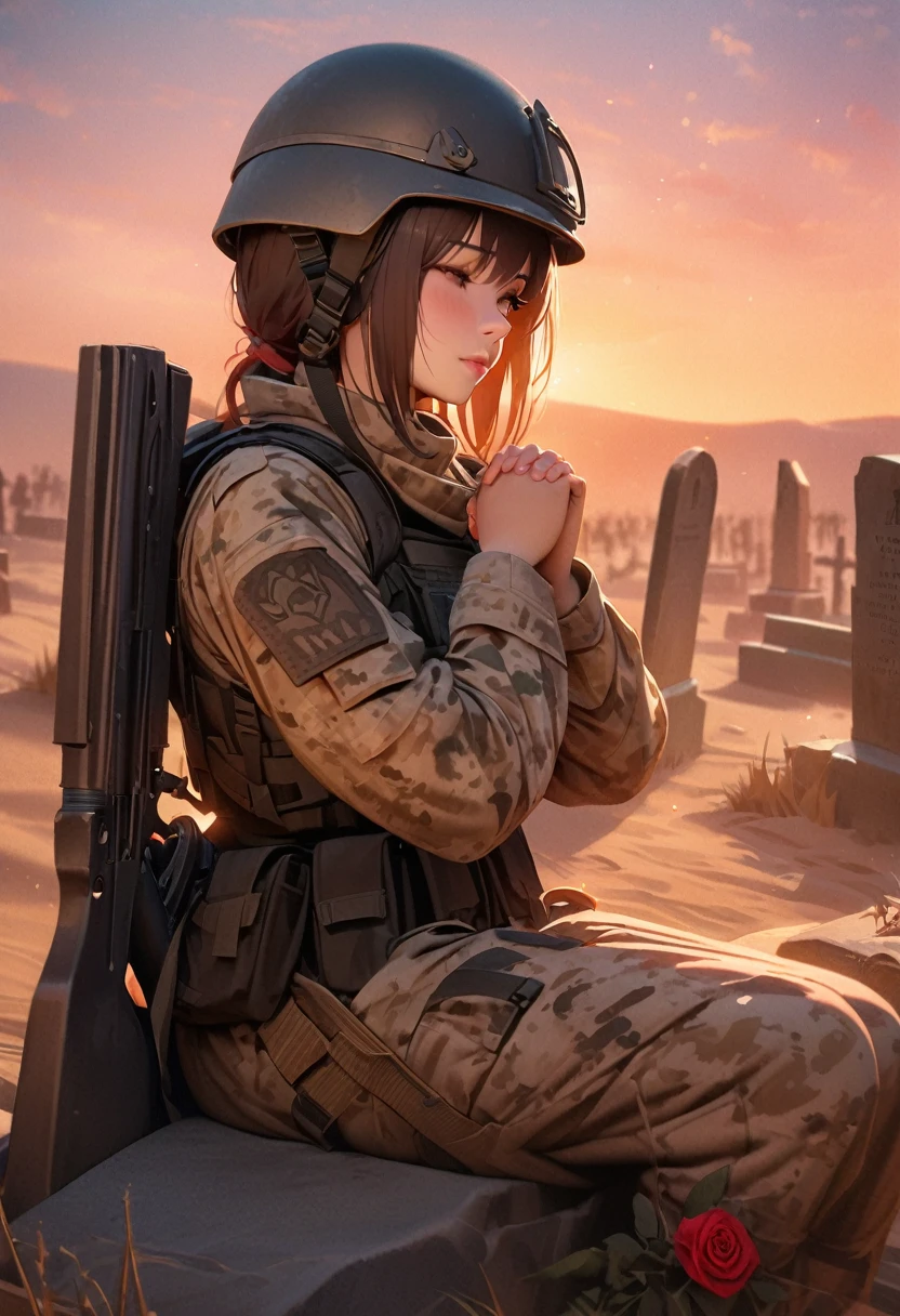 a girl with short chestnut hair wearing combat uniform, helmet, carrying rifle, desert camouflage, sunset background, old wooden gravestones, wide field, helmet hung on gravestone, red roses lining gravestone, soldiers praying in front of tombstone, sitting and praying, red rose in perspective, best quality, 8k, highres, masterpiece, ultra-detailed, realistic, extreme detail description, professional, vivid colors, bokeh