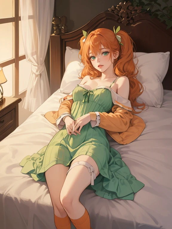 (((droopy eyes))), ((luxurious)) (((((orange hair color)))) ((GREEN LEFT EYE, BROWN RIGHT EYES))((THICK THIGHS))((yellow luxurious sleepwear dress))(( white thigh high socks))((warm lighting and hue))((half up pigtails with ribbon hair))((luxurious))((short sleep wear pajama dress))((((submissive eyes, girl)))) small breasts narrow waist and wide hips))((long sleeves)) ((dull color)) ((cozy night wear that is luxurious)) ((nipples erect))((different night wear))((((submissive look, very submissive and lewd))))