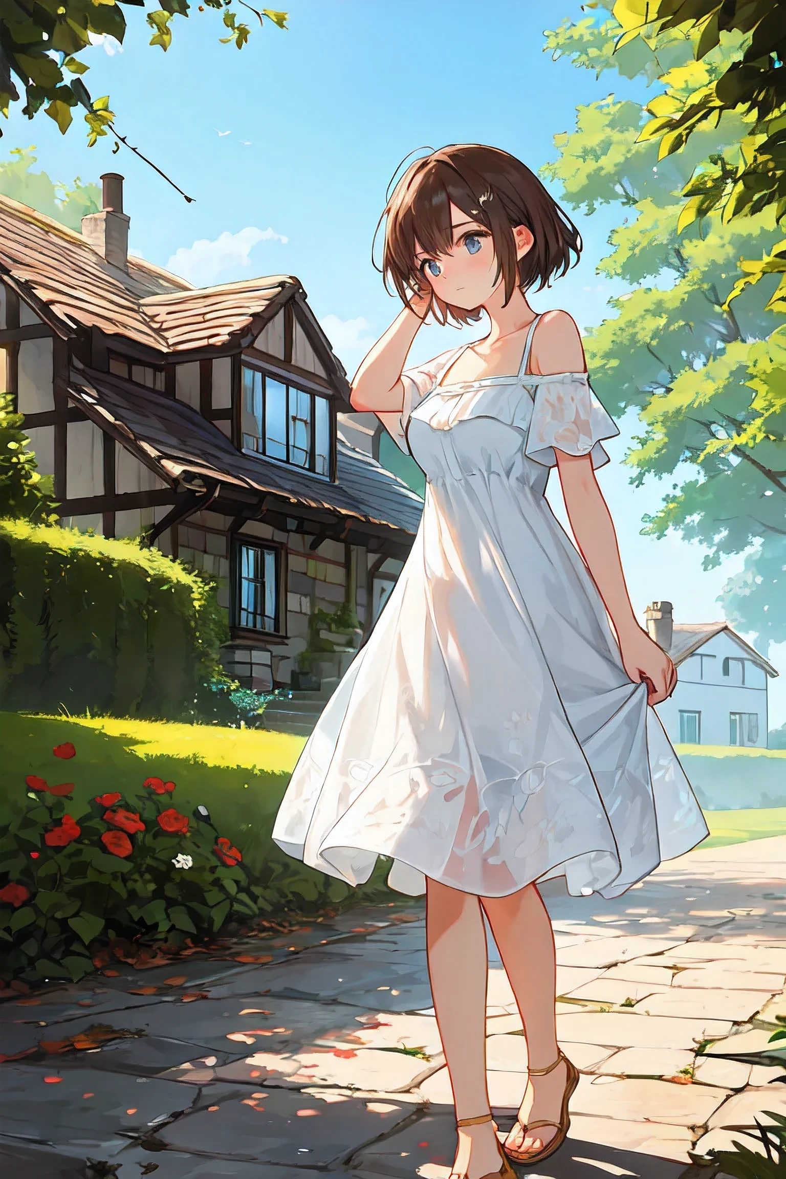 masterpiece ,best quality, A beautiful woman with light delicately filtering through her hair, her summer dress is beautiful and she's standing in front of a cottage
