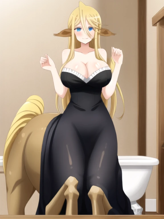 Centaur, long hair, blonde hair, blue eyes, cleavage, looking at viewer, happy, bath,