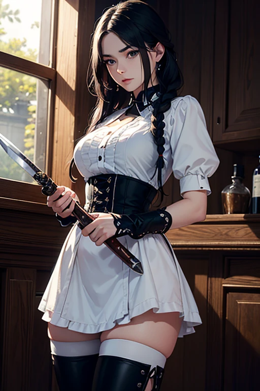 best quality, 8k, high resolution, ultra-detailed, extremely detailed, top quality, realistic, high resolution, cowboy shot, front view, assassin, looking at viewer, looking away, 1woman, maturefemale: 1.5, (long, black hair), braided, beautiful face, detailed eyes hidden behind a mask, beautiful body, toned, sleek arms, long legs in thigh-high boots, grasp, assassin holding a dagger, hidden in a maid outfit,
maid outfit, black and white, frilled sleeves, long skirt, high boots, loose hair, curled, a single braid, bodice, tight-fitting,
