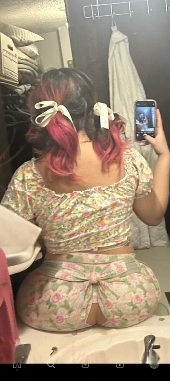 woman with pink hair taking a picture of herself in the mirror, wearing pink hair bow, pigtails, colorful pigtail, wearing underwear, with pink hair, wearing pink panties, back of the hair, roses in her hair, pink hair covered with hairpins, view from the back, curvy and bow, shot from the back, thick bow, insanely inflated hips, beautiful girl, big ass, huge ass, bbw, from behind, thick, thick thighs, wide hips, bbw, big , sideboob, giant ass, side view, big butt, round butt, tight underwear, underwear halfway off, underwear taking off, grabbing ass, ass spilling over underwear, too thick for clothes, side angle, chubby stomach, big , filipina, bare naked fat ass on sink