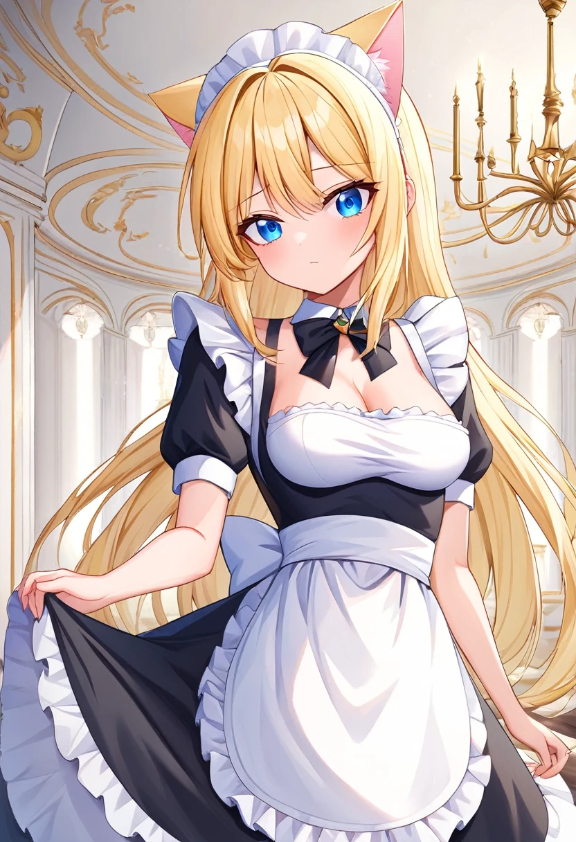 score_9, ((1girl)), (blonde hair), solo, cat ears, blue eyes, ((maid outfit)), black white maid outfit, indoors, chandelier, bown down, looking at viewee, best quality, amazing quality, best aesthetic, absurdres