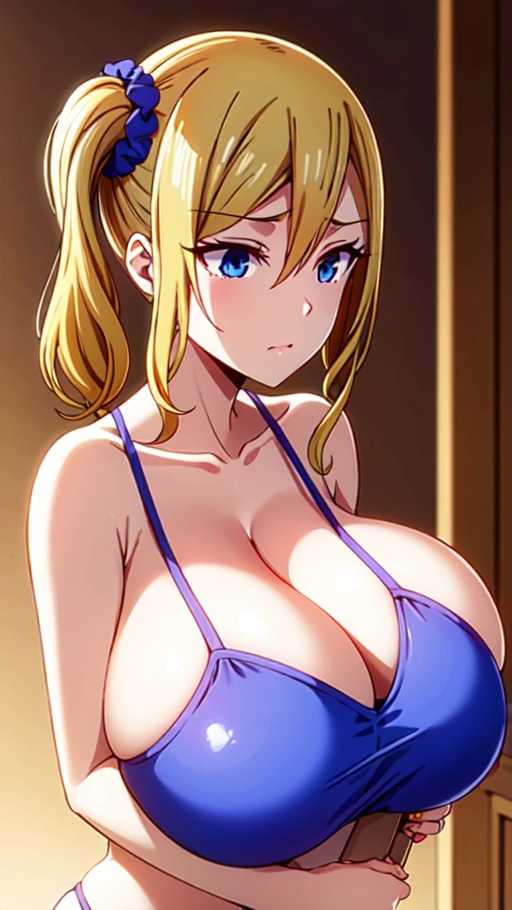 ai hayasaka, bangs, blue eyes, blonde hair, hair ornament, hair between eyes, sidelocks, side ponytail, scrunchie, hair scrunchie, blue scrunchie, (masterpiece:1.2, Best Quality:1.1), 32K HDR, High resolution, Solo, 1girl in, (Colossal tits:1.1, Huge boobs:1.1, Huge breasts:1.1, gigantic cleavage:1.1, Perfect slim body:1.2), squat down, (Detailed face, Detailed eyes, Detailed skin texture, Perfectly shaped hands, 5FINGERS), sexy bikini, (((areolae))), 