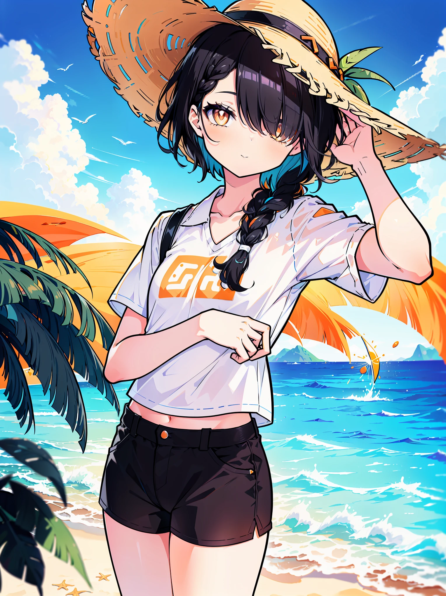 (cowboy shot), (colorful:1.1), (ultra-high resolution, depth of field:1.2), Fortnite, (Erisa), (1woman), (adult), in her 20s, (flat chest), (black hair:1.2), short hair, (hair over one eye:1.2), (one braid:1.2), bangs, (orange eyes), sunhat, white shirt, (white shirt hangover:1.1), comfy blue short, beach scenery