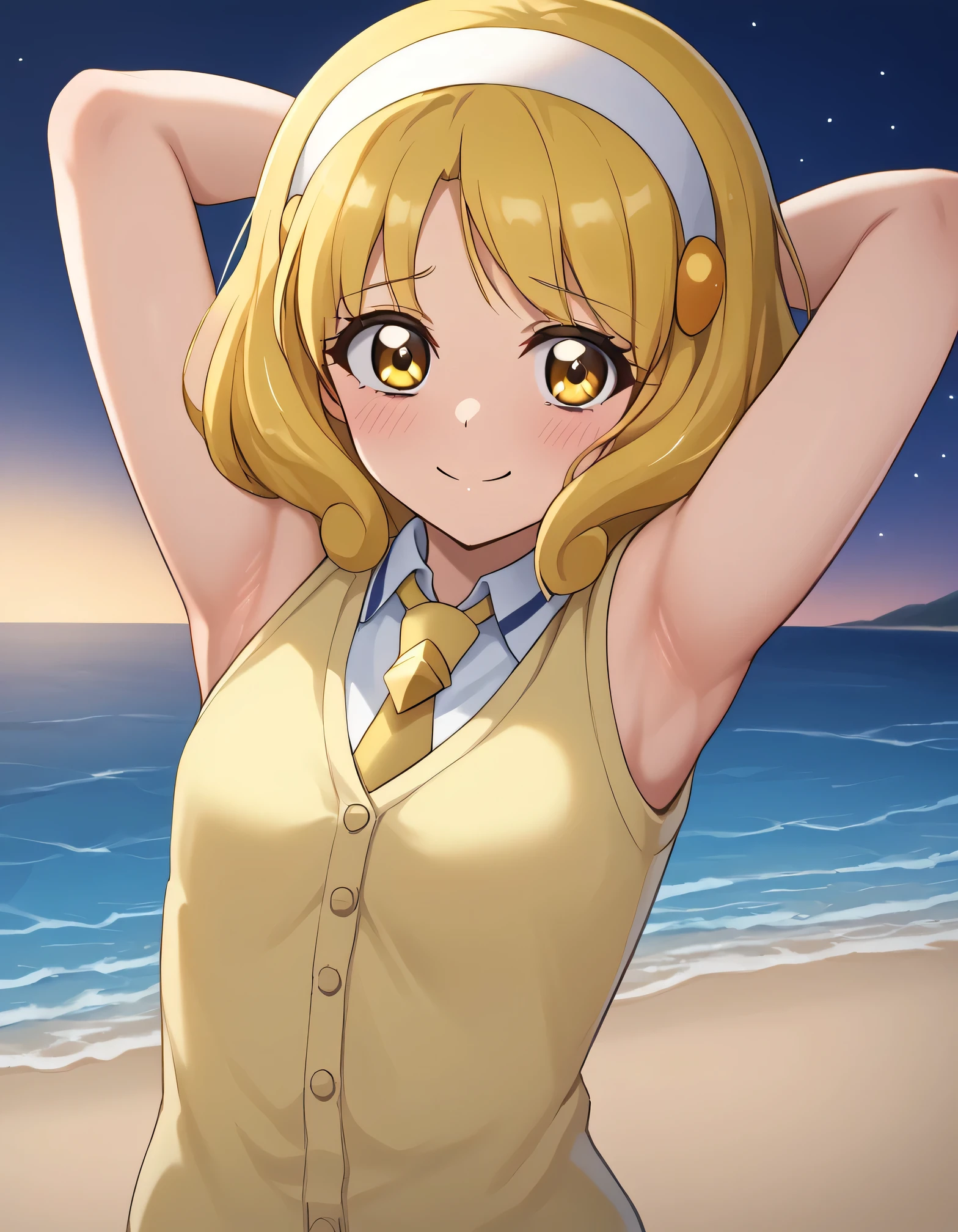 score_9, source_anime, rating_safe BREAK 1girl, solo
kise yayoi, yellow hair, yellow eyes, white hairband, hair ornament, medium hair, nanairogaoka middle , yellow necktie, yellow cardigan, (cowboy shot:1.5), solo, night sky, beach, arm behind head, contrapposto, spread armpits, looking at viewer, best quality, closed mouth, shy, presenting armpit, hand on own armpit, blushing, smile, sleeveless,