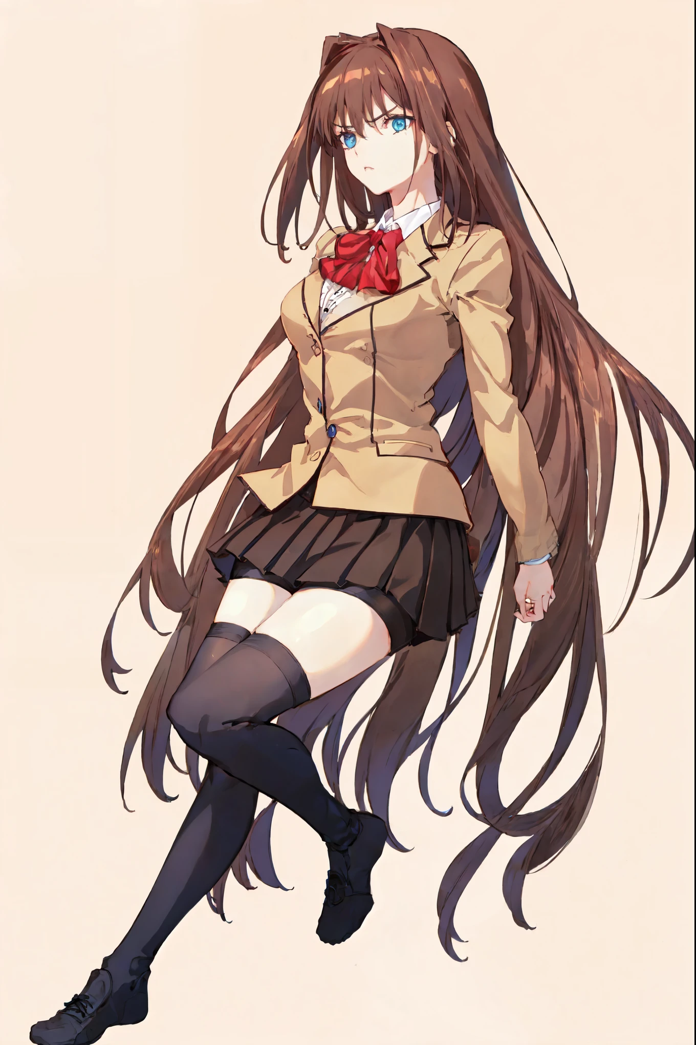 1girl, solo, cinematic light, colorful, hyper detail, dramatic light, intricate details, best quality, (wallpaper, masterpiece ultra-detailed), (beautiful detailed face, detailed blue eyes), high contrast, AokoSchoolUniform, ((only 2 legs)), (lush luscious hair:1.1), very long hair, (chestnut-brown hair with slightly reddish undertone), red bowtie, (beige blazer:1.5), (white shirt:0.9), (large breasts:0.8), nice hips, (Umber pleated-skirt:1.5), (black spandex shorts:1.4), (nice thighs:1.5), (symmetrical black thigh-high stockings:1.5), (brown Strap-Shoes), standing straight, ((Full body in frame including shoes in frame)), white-empty background, (((empty background:1.8)))