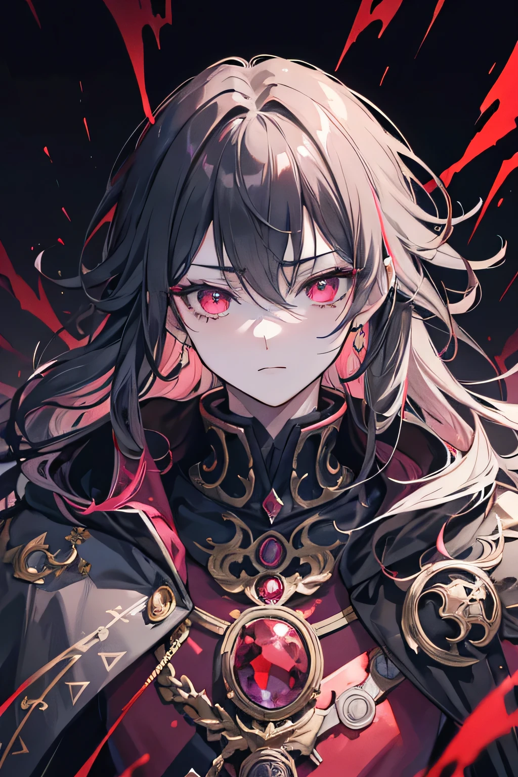 anime boy, dark grey hair, messy hair, reddish pink eyes, goetia, prince, intricate details, highly detailed face, realistic, hyperrealistic, 8k, cinematic lighting, dramatic shadows, moody, dark fantasy, flowing cloak, ornate jewelry, aristocratic, elegant, chiaroscuro, dark owl shadow behind body