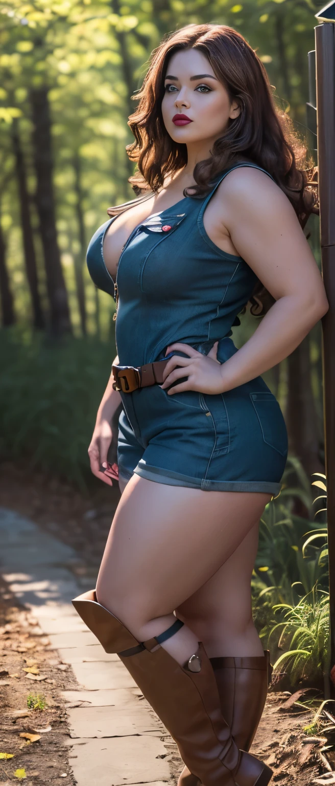 (masterpiece:1.0), (best_quality:1.2), (dark shot:1.3), Classic Rogue, 1991 Rogue X-Men, 1 girl, Only 1, ((full body view)), looking away from the viewer, cleavage, (overweight), ((light blue denim short romper)), zipper, belt, skintight, ((sleeveless)), shirtless, high heels, (short brown boots), (bare legedium length hair, brown hair, wavy hair, messy hair, green eyes, tough look, defiant smirk, bite lips, ((curvy figure)), wide hips, cameltoe, thick thighs, medium breasts, red lipstick, heavy makeup, light source from above, (realism: 1.5), (Realistic: 1.4), (Absurdity:1.4), 8k, ultra-detailed, Detailed Beautiful Woman, standing along a wooden fence in the woods, official art, extremely detailed CG unity 8k wallpaper, perfect lighting, Colorful, ultra high res, photography, 8K, HDR, Kodak portra 400, film grain, blurry background, (bokeh:1.2), (vibrant_color:1.2), film grain:1.2, (warm hue, warm tone:1.2), (color photo), professional photograph, empty hands, hands on hip, view from the side