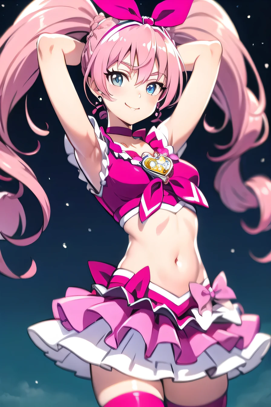 cure melody, navel, pink hair ribbon:1.2, hairband, pink thighhighs, pink shoes, wrist cuffs, twintails, gem, frills, anime coloring, best quality,  looking at viewer, solo, contrapposto, spread armpit, arms behind head, smile, looking at viewer, (cowboy shot:1.5), closed mouth, night sky, beach,