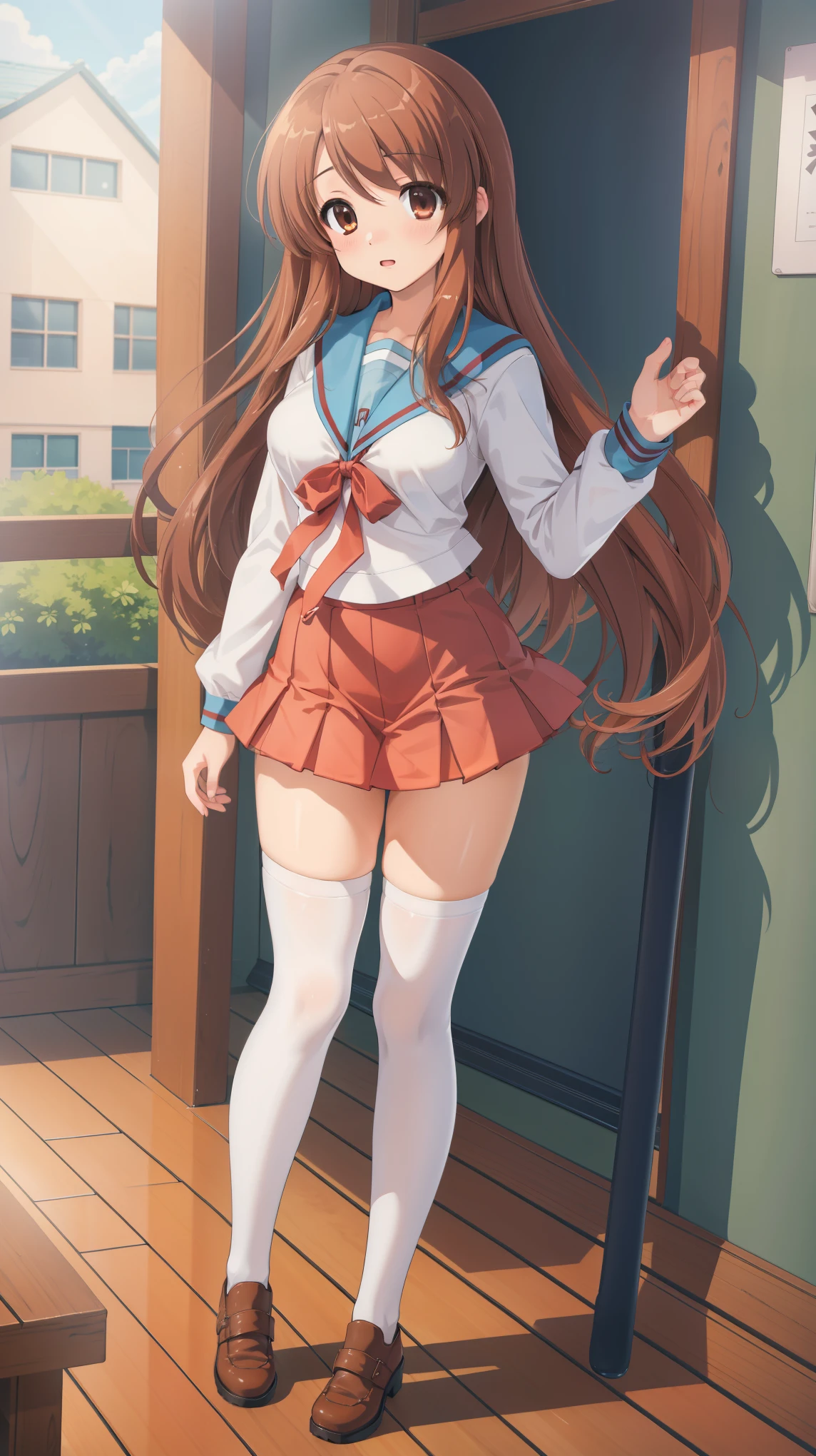 (masterpiece), highest quality, high resolution, illustration, game cg, asahina mikuru, detailed eyes, perfect face, serafuku, pleated miniskirt, thigh highs, school, hallway