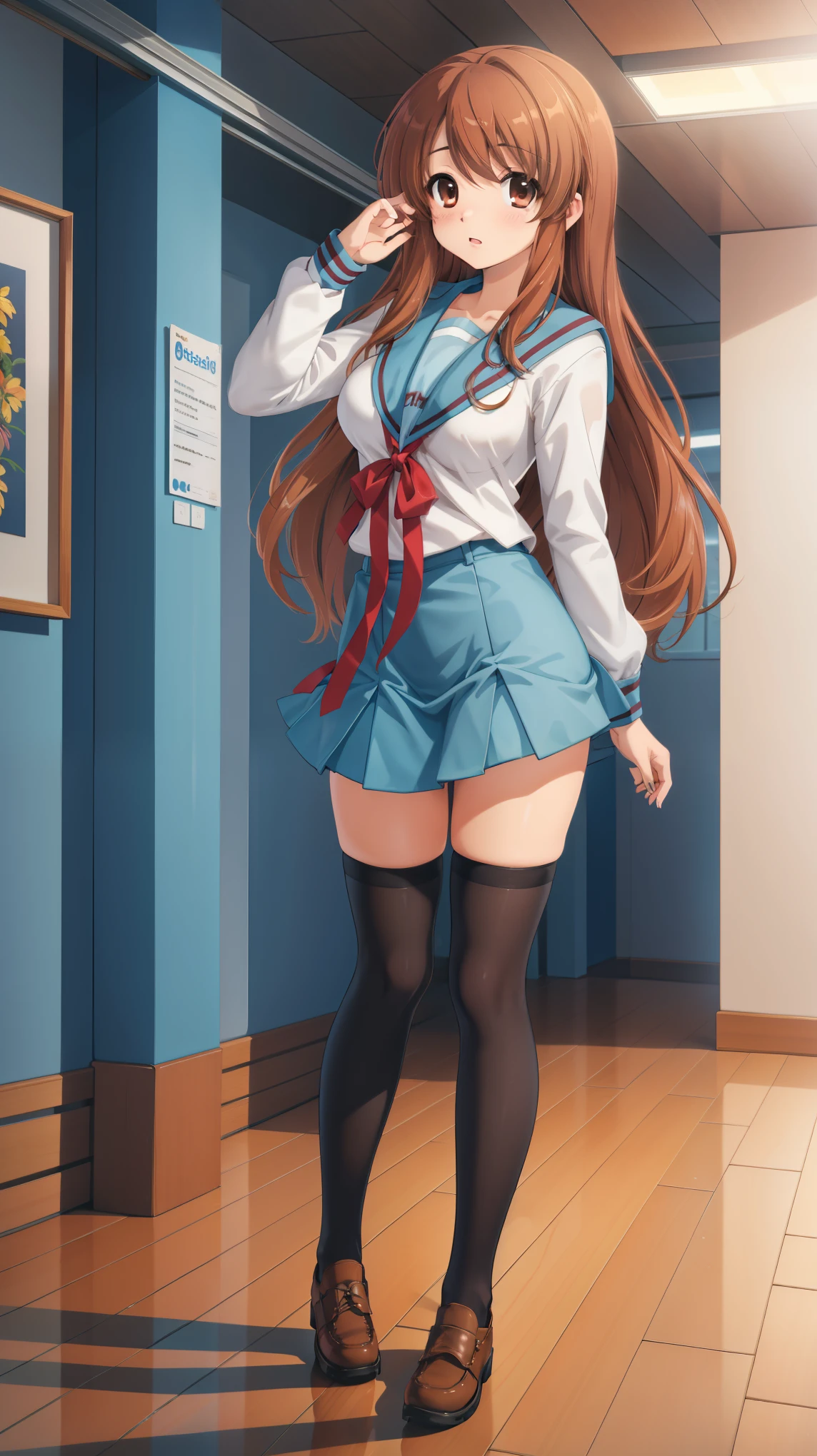 (masterpiece), highest quality, high resolution, illustration, game cg, asahina mikuru, detailed eyes, perfect face, serafuku, pleated miniskirt, thigh highs, school, hallway