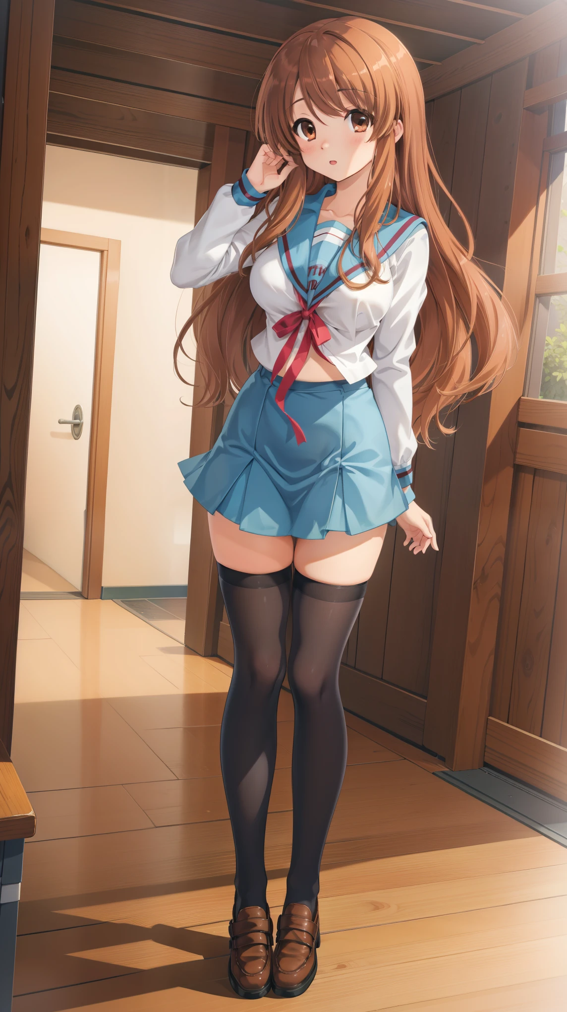 (masterpiece), highest quality, high resolution, illustration, game cg, asahina mikuru, detailed eyes, perfect face, serafuku, pleated miniskirt, thigh highs, school, hallway