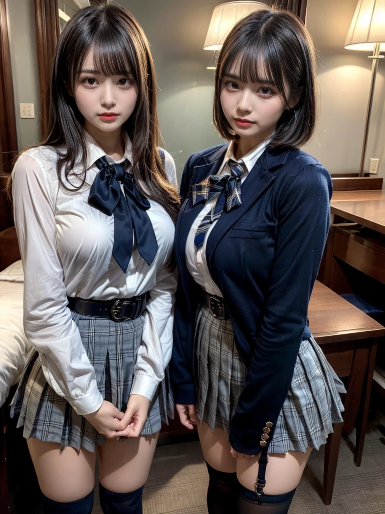 (8K, Raw photography, top-quality, masterpiece:1.2), master piece, best quality, illustration, Super detailed, fine details, High resolution, 8K,wall paper, perfect dynamic composition,(Details High quality, realistic depiction of eyes:1.3), ((2 girls, 2 schoolgirls)), The background is a luxury hotel room、High school girl uniform、blazer 、Super Short Check Uniform Skirt、Navy blue high socks、garterbelts、Colossal tits、Disturbed uniform, Play with each other,Touching each other's bodies,Touching the body of the girl next door, short bob hair, black hair color, huge breasts, Big Natural Color Lip, bold sexy pose, (perfect body shape), crying a little、cold gaze, Beautiful makeup,glitter makeup,Cutest 18 years old, beautiful legs, hposing Gravure Idol, Voluptuous thighs