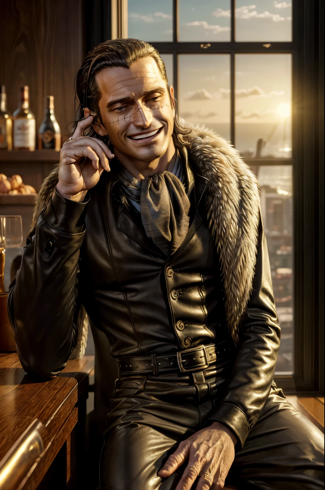 masterpiece, best quality, extremely detailed, hyperrealistic, photorealistic, a cool 40s man, ultra detailed face:1.2, fur-trimmed coat, scarf around the neck, his left hand is a golden pirate hook:1.1, sly smile, view from high-rise, bar counter, whiskey on table, sitting, fashion model pose