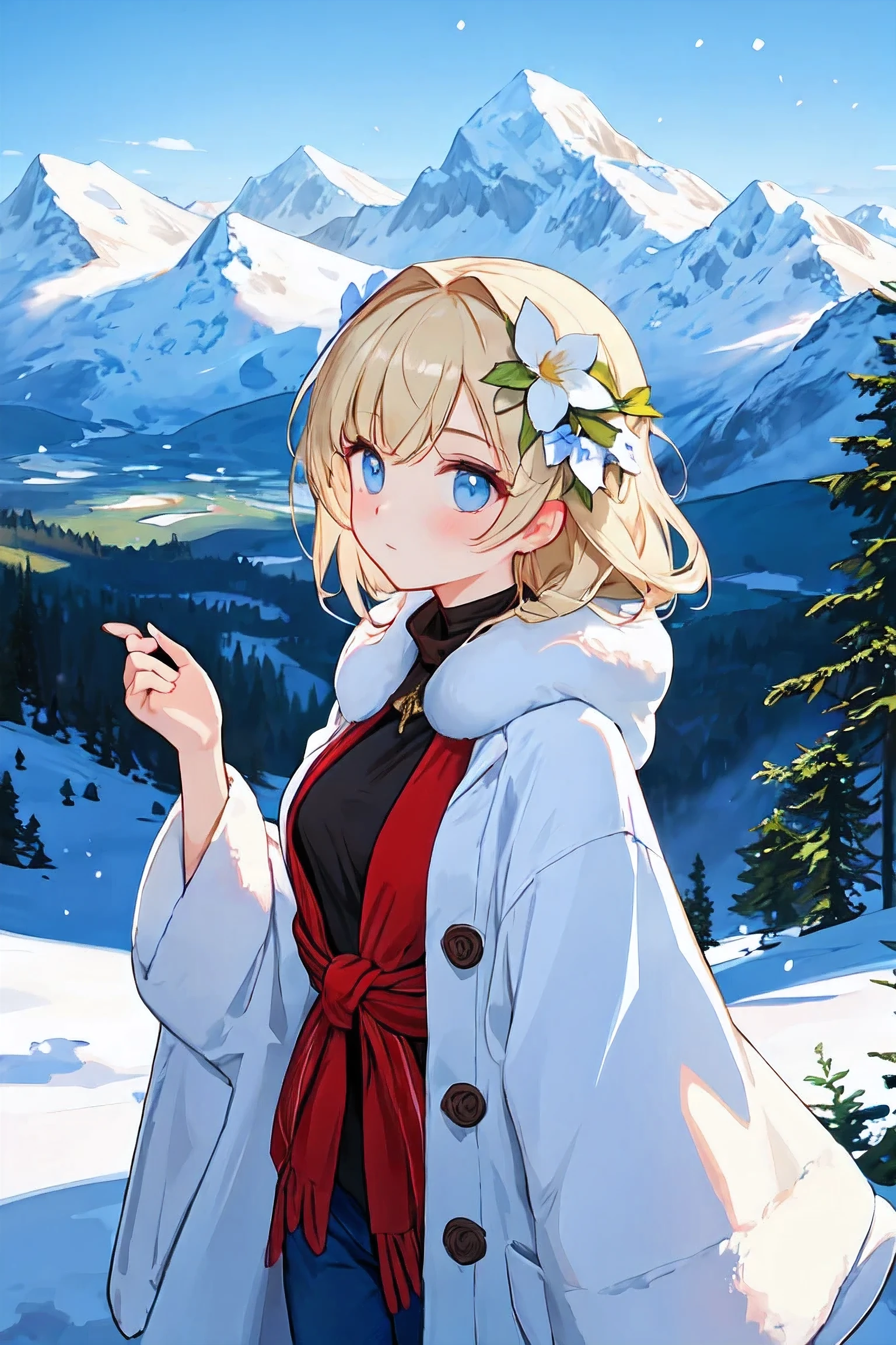 masterpiece ,best quality, A beautiful woman with light hair, flowers, snow-capped mountains, summer
