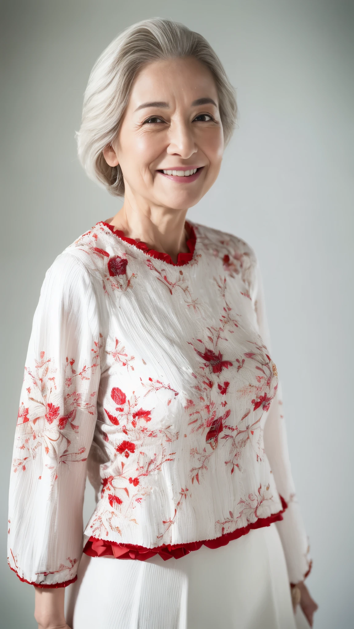 Mid-range close-up, Late Elderly, ((Fractal Art)), (((masterpiece))), 8k, Clear images, (((alone))), (((Asian Beauty))), Pure white background, Gray Hair, Hands behind back, Refreshing early summer outfit, Alluring, ((Elderly)), Depict lips accurately,Red lips, Flashy makeup, (((alone))), (((Perfect Anatomy))), Depicting ears correctly, Pure white background, gravure, Upright posture, smile, ((Beautiful mature woman)), highest quality, Very detailed, Realistic, Very detailed細なスキン, (Madame), (The corners of the mouth are turned up), 100 years old, Huge breasts, Mature Politician, Glamour, sexy, Pure white skin, Comfortable clothing,