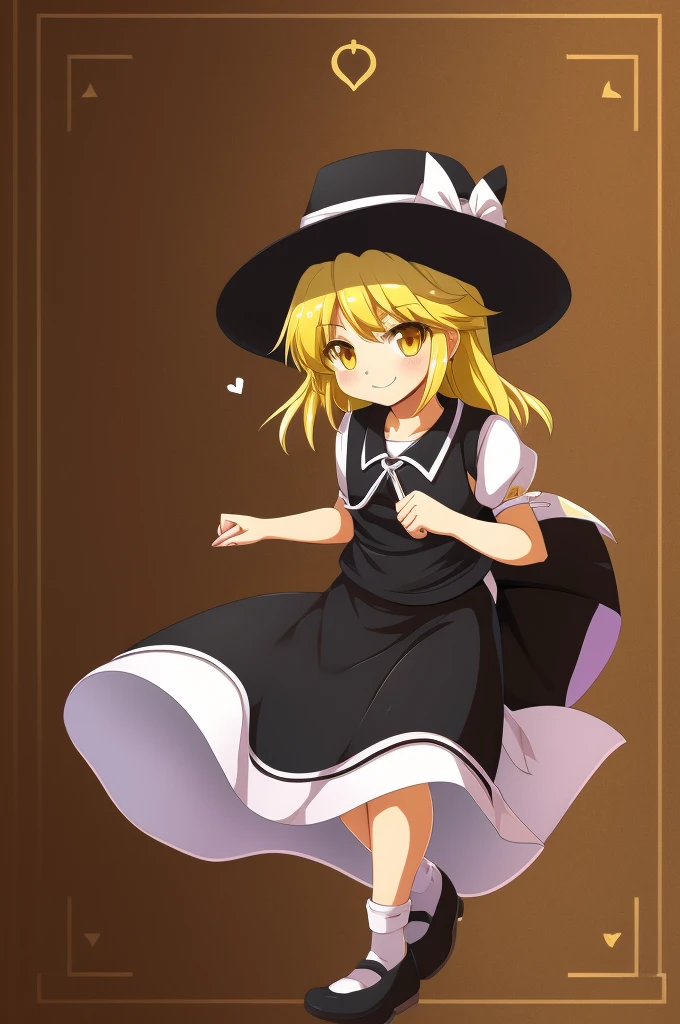 1girl, , , masterpiece, best quality, , medium blode hair, forehead visible bags, yellow eyes, hat, heart, black headwear, puffy short sleeves, log black skirt, heart hads,,1girl, solo, yellow eyes, yellow hair, bow, hat bow, socks, black footwear, black skirt, short sleeves, yuki (touhou), black vest, white sleeves, frill skirt, light smile,