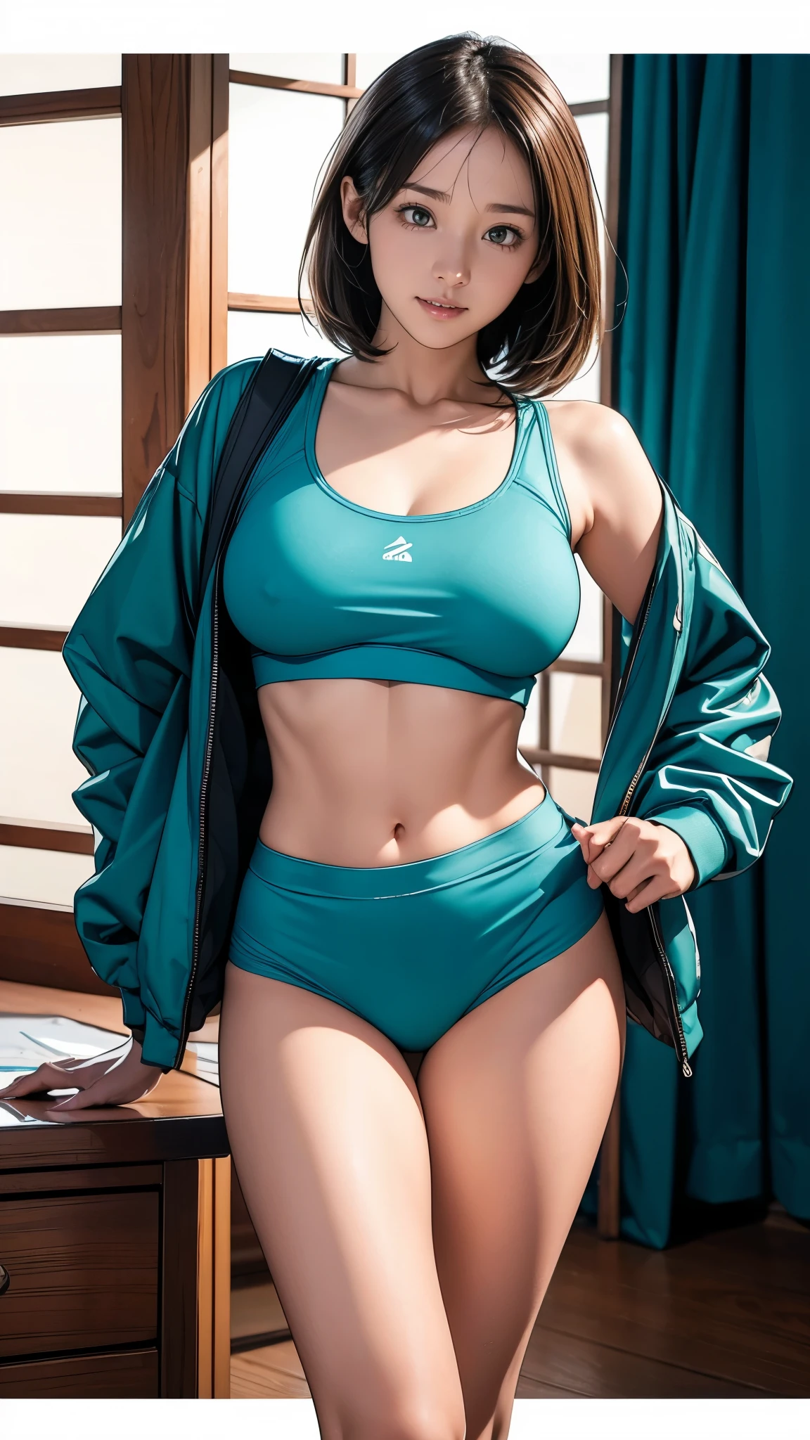 8k, RAW photos, best quality, masterpiece, Practical, Reality, (1 extreme beauty), 36 years old, Gorgeous,The face is rich in detail, (Perfect Teeth), Delicate eyes, double eyelids, eyelash, Grin, Lip detail, Brown Hair Bob, Natural breasts, ((Sexy Japanese volleyball)), ((Teal Sexy Sports Shorts))Soft Light, ((Written border depth)) 、Shot in the back、all、Stick out your ass、legs spread、slim body、Inverted Nipple, High Jump Jacket,Sports bra,Leaked out,