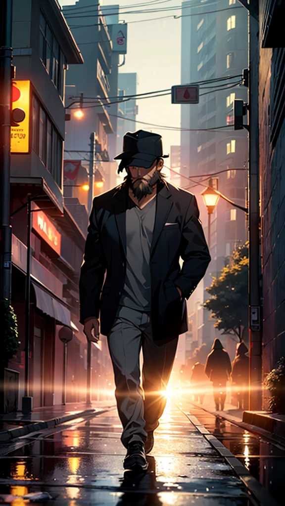 A heartbroken man walks down the sidewalk in the morning rain, wearing baseball hat, baddas beard, Wearing jacket, Headlights illuminating the dark roadway shine on him, casting a large shadow on the wall of a building. (Best quality), (masterpiece:1.3), ultra-detailed, sharp shadows, great detail, depth of field, super detailed background, out-of-focus look
