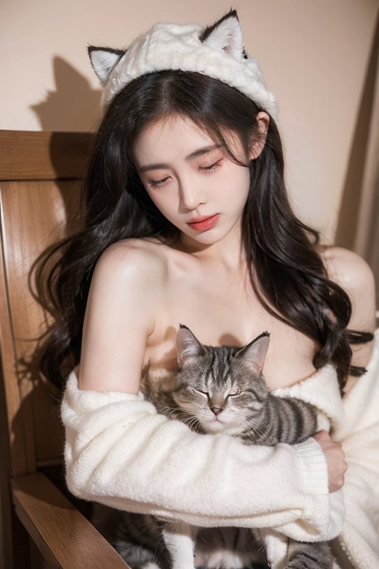 "A girl with long hair, wearing a cozy sweater, is asleep with her head resting on a wooden table. She is seated on a cushioned chair. On top of her head, a fluffy cat is comfortably curled up, also sleeping. The scene is warmly lit, suggesting a peaceful and cozy atmosphere."