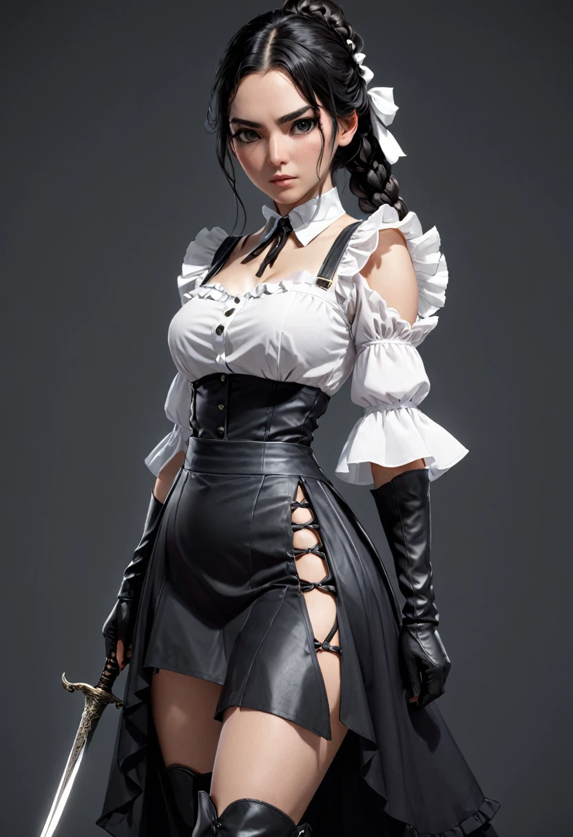 best quality, 8k, high resolution, ultra-detailed, extremely detailed, top quality, realistic, high resolution, cowboy shot, front view, assassin, looking at viewer, looking away, 1woman, maturefemale: 1.5, (long, black hair), braided, beautiful face, detailed eyes hidden behind a mask, beautiful body, toned, sleek arms, long legs in thigh-high boots, grasp, assassin holding a dagger, hidden in a maid outfit, maid outfit, black and white, frilled sleeves, long skirt, high boots, loose hair, curled, a single braid, bodice, tight-fitting, 
